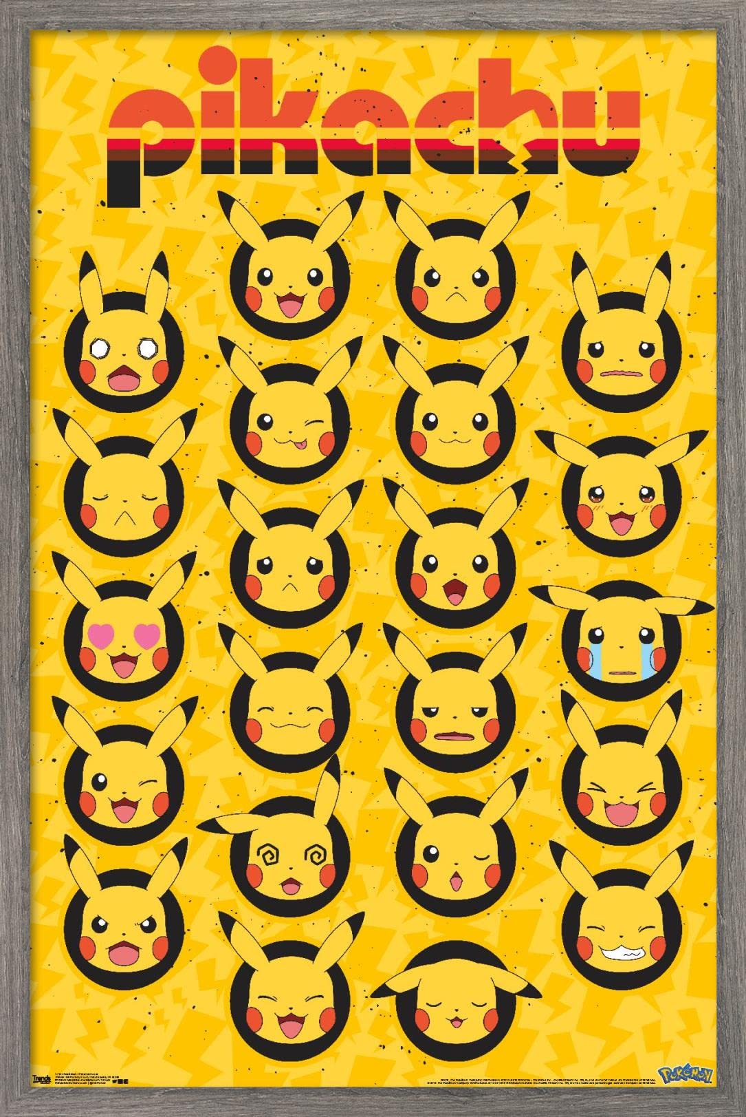 Trends International Pok  Mon - Pikachu Faces Wall Poster, 14.725'' X 22.375'', Barnwood Framed Version
