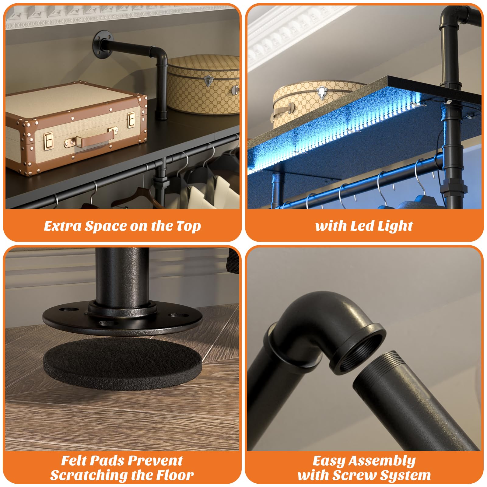 Aheaplus Industrial Pipe Clothing Rack, Reversible 79.7'' Clothes Rack For Hanging Clothes, Heavy Duty Garment Rack Closet Wardr