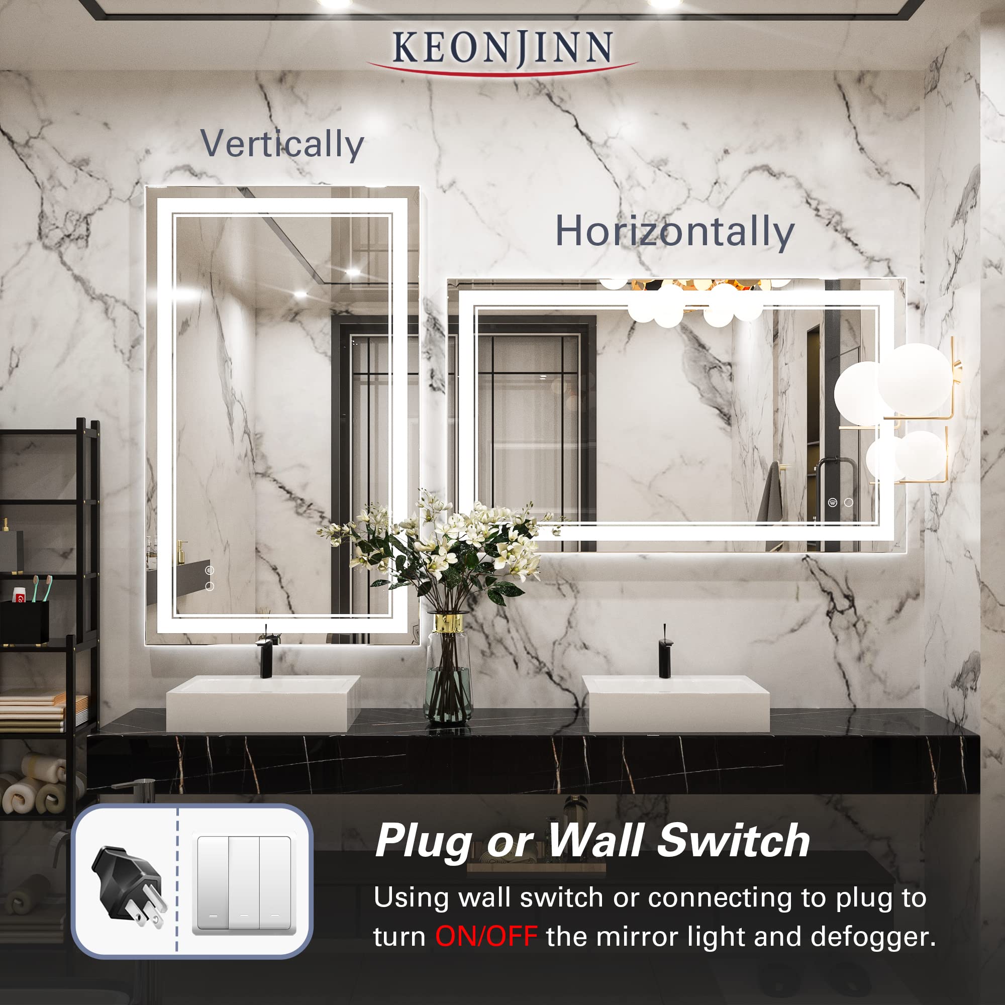 Keonjinn Led Bathroom Mirror With Lights, 40 X 24 Inch Front Lighted Vanity Mirror, Wall Mounted Anti-Fog Memory Brightness Dimm