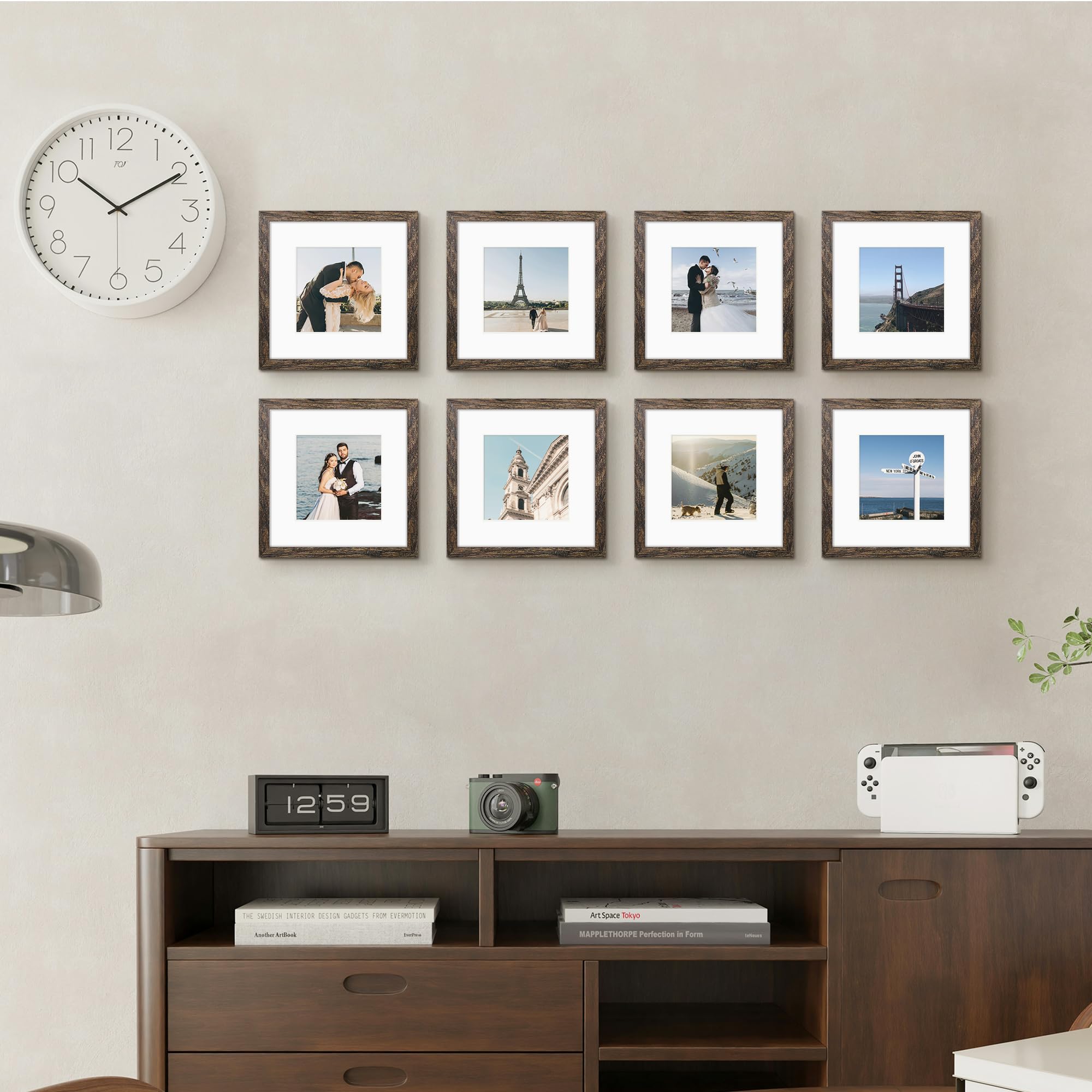 Fisnish 8x8 Picture Frame Sef of 10, Display Pictures 5x5 with Mat or 8 x 8 Without Mat, Brown Photo Frame Collage for Wall Gall