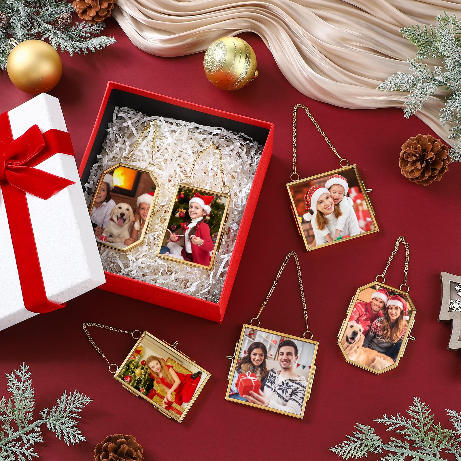 Qunclay 6 Pcs 2x3    2.5x3.5    3.2x3.2    Christmas Brass Picture Frame Ornaments Square Rectangle Octagon Christmas Metal Doub