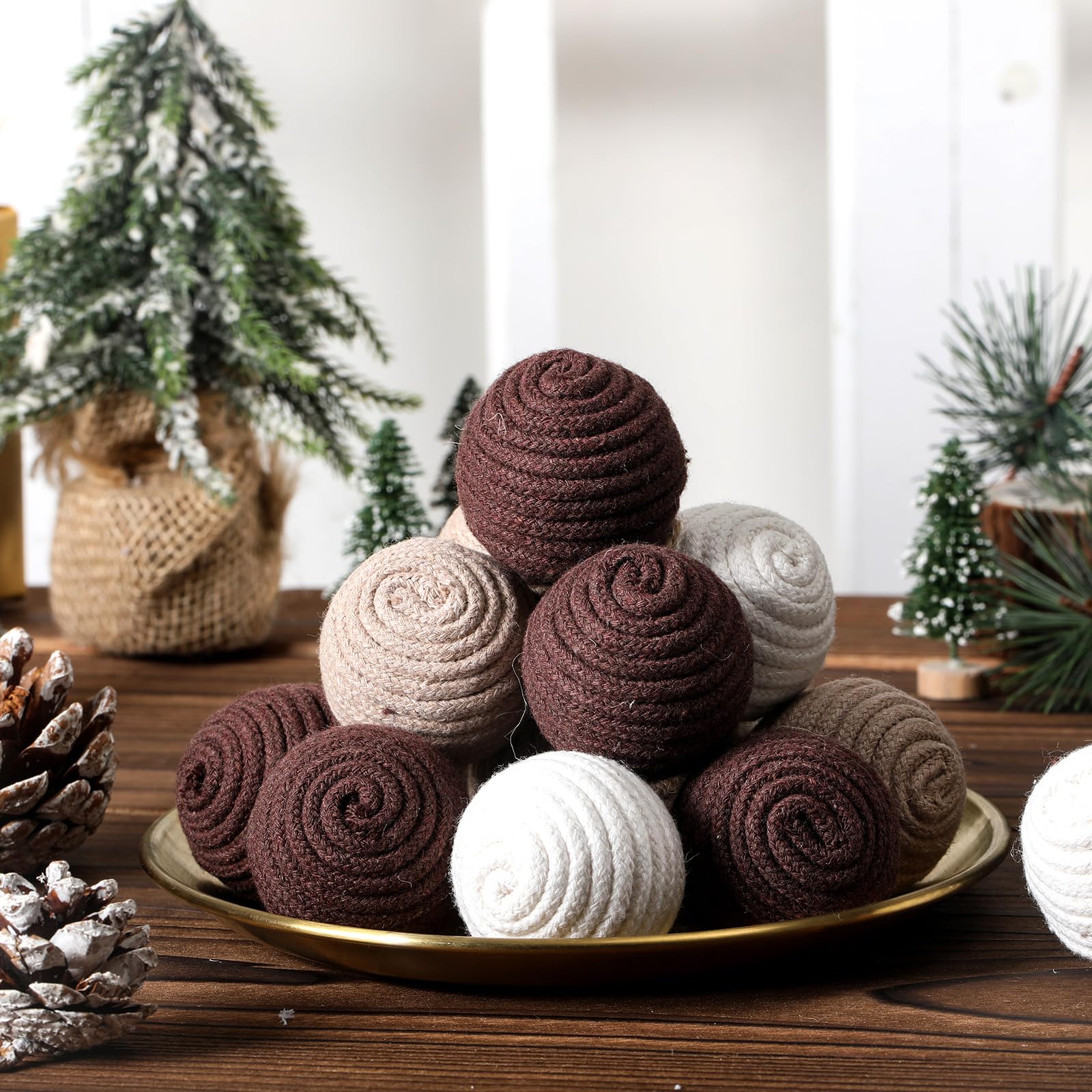 Syhood 18 Pcs 1.57 Inch Mini Christmas Ball Ornaments Boho Farmhouse Jute Rope Hanging Balls Burlap Neutral Rustic Ornaments for