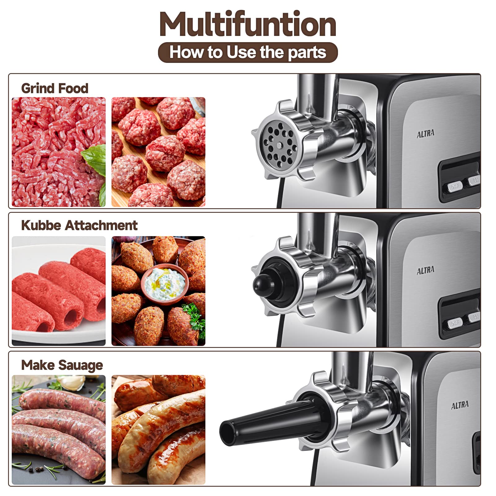 ALTRA LIFE Meat Grinder  Sausage Stuffer  [2800W Max] Electric Meat Mincer with Stainless Steel Blades & 3 Grinding Plates Sausage Maker & Kubbe Kit for Home Kitchen & Commercial Using (MG090-S)