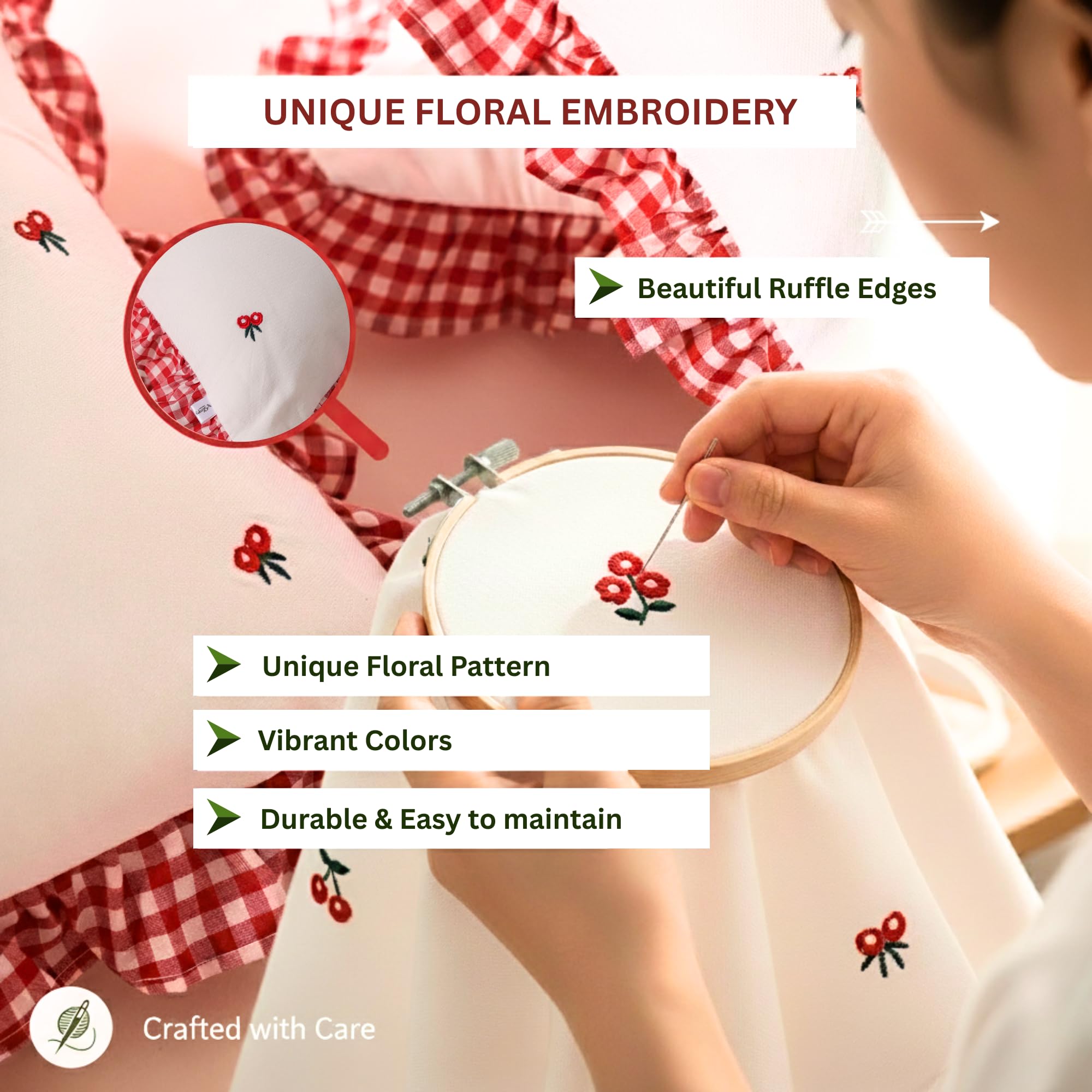 Sleepy Threads Square Cotton Cushion Cover Red & White Floral Embroidered | Set Of 4 | With Ruffle Frill Edging Throw For Sofa,L