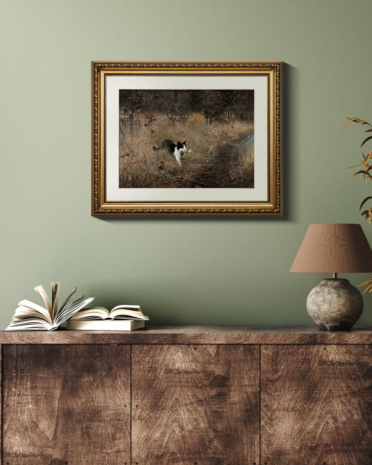 Viyyiea Gold Framed Wall Art Canvas Print Home Decor Cat Walll Art Funny Bathroom Decor Black Cat Holding A Bird Prints Artwork