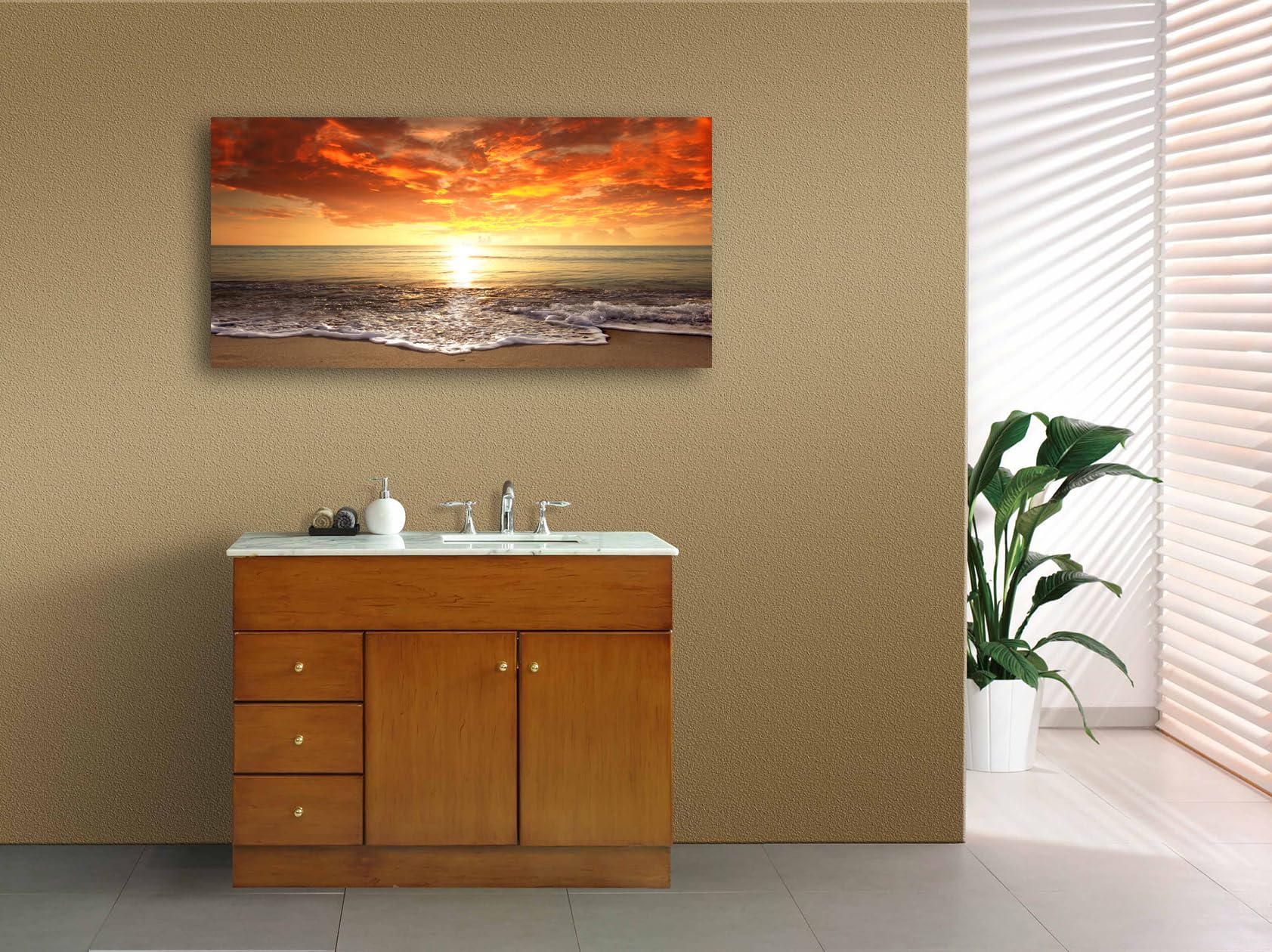 S0162 Canvas Prints Wall Art Sunset Ocean Beach Pictures Photo Paintings for Living Room Bedroom Home Decorations Stretched and Framed Seascape Waves Landscape Giclee Artwork 30x60inch
