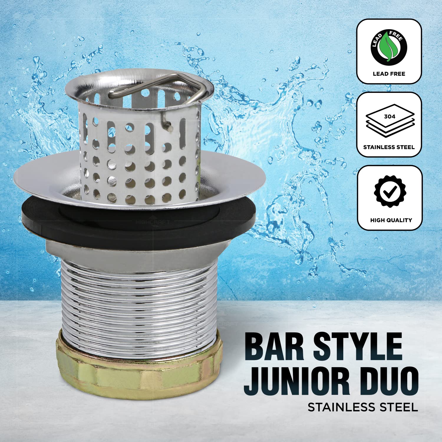 Highcraft 9774 Bar/Prep Sink (1-7/8    - 2-1/4   ) Junior Duo Stainless Steel Drain Assembly With Deep Strainer Basket Stopper