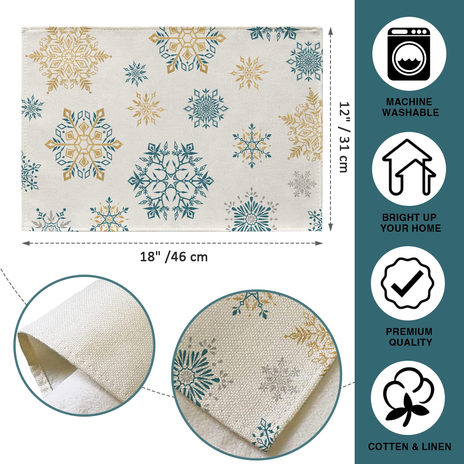 Seliem Winter Snowflakes Placemats Set Of 4, Gold Blue Tabletop Dining Table Place Mats Home Kitchen Decor, Seasonal Farmhouse R