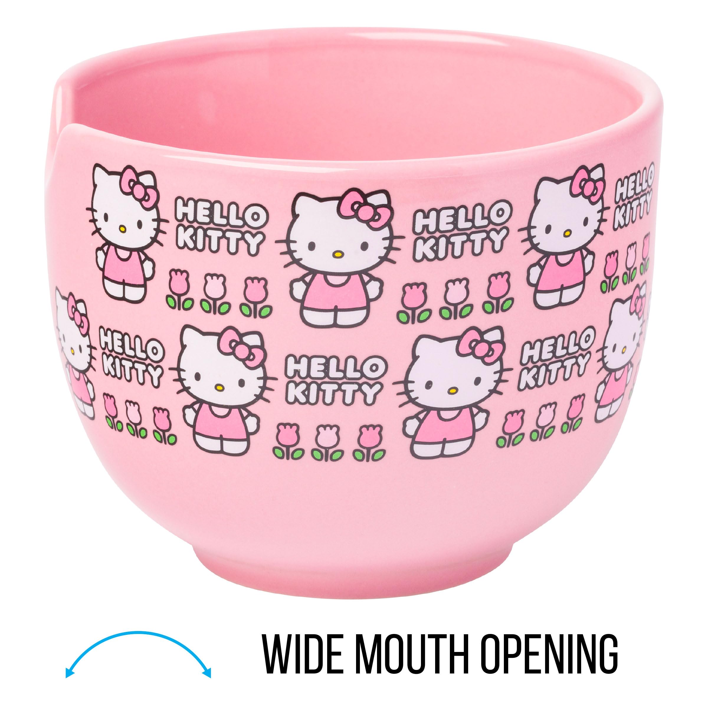 Silver Buffalo Sanrio Hello Kitty Flowers Pattern Ceramic Ramen Noodle Rice Bowl with Chopsticks  Microwave Safe  20 Ounces