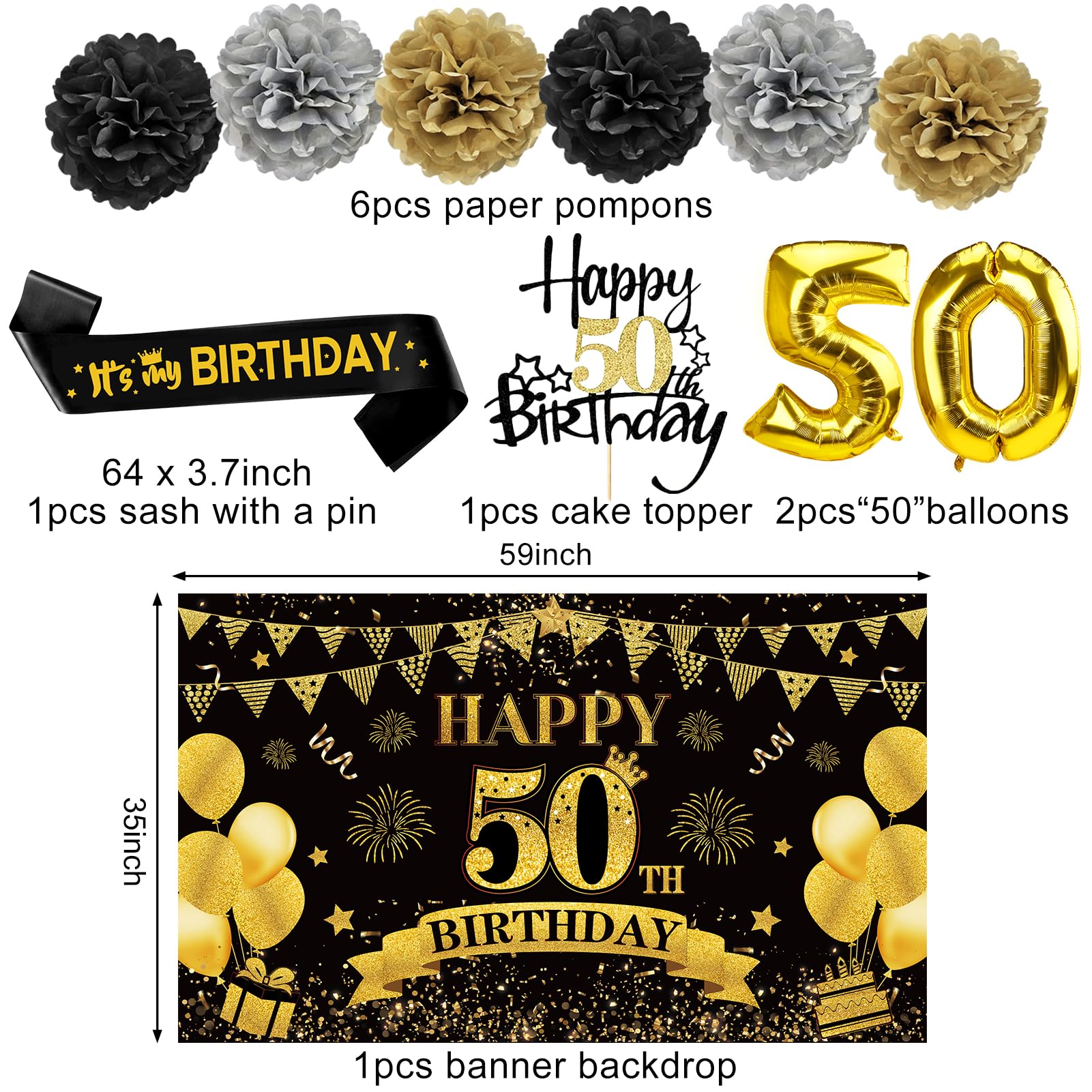 Eucutur 42Pcs 50Th Birthday Decoration Kit For Men Women, Black Gold Happy 50Th Bday Banner Balloons Honeycomb Centerpiece Swirl