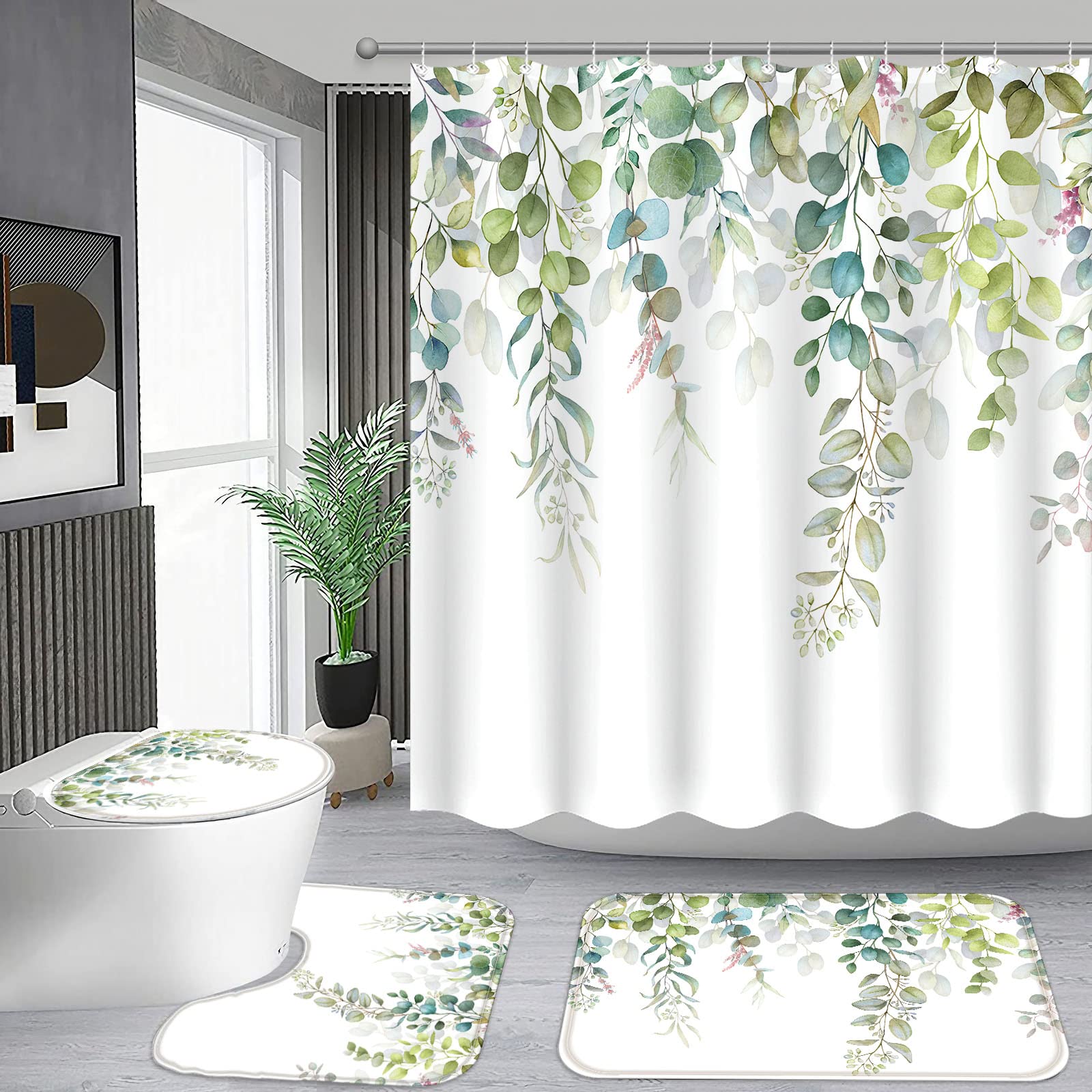 Fungarth 4 Pcs Green Eucalyptus Shower Curtain Set With Rug Teal Plant Leaf Bathroom Sets With Waterproof Fabric Shower Curtain