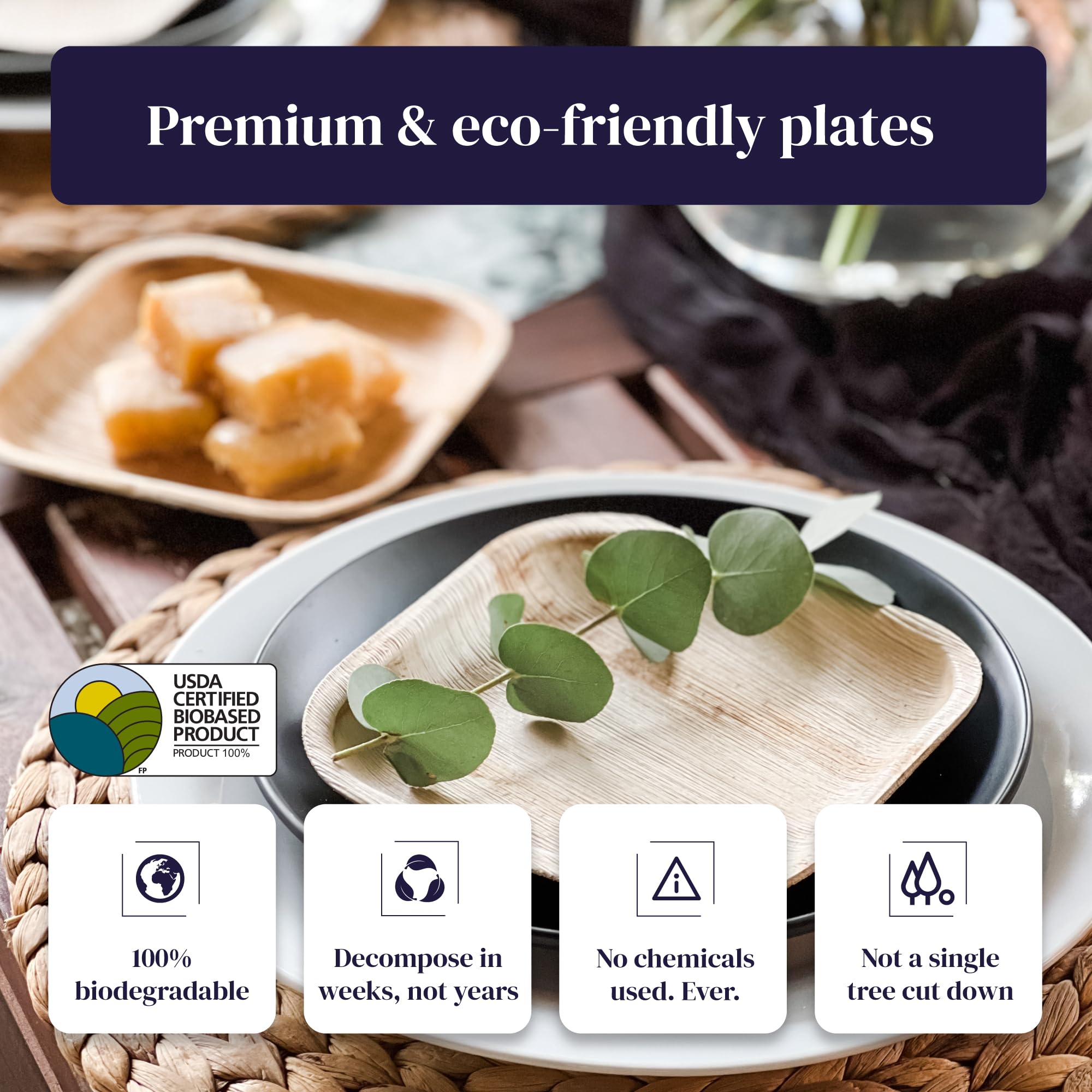 Kijani Palm Leaf Plates  Bamboo Plates Disposable Like  6 Inch Square 50 Pack  Biodegradable  Compostable & Eco-friendly  Premium  Sturdy  Durable & Heavy Duty Wood Style  Dessert Plates