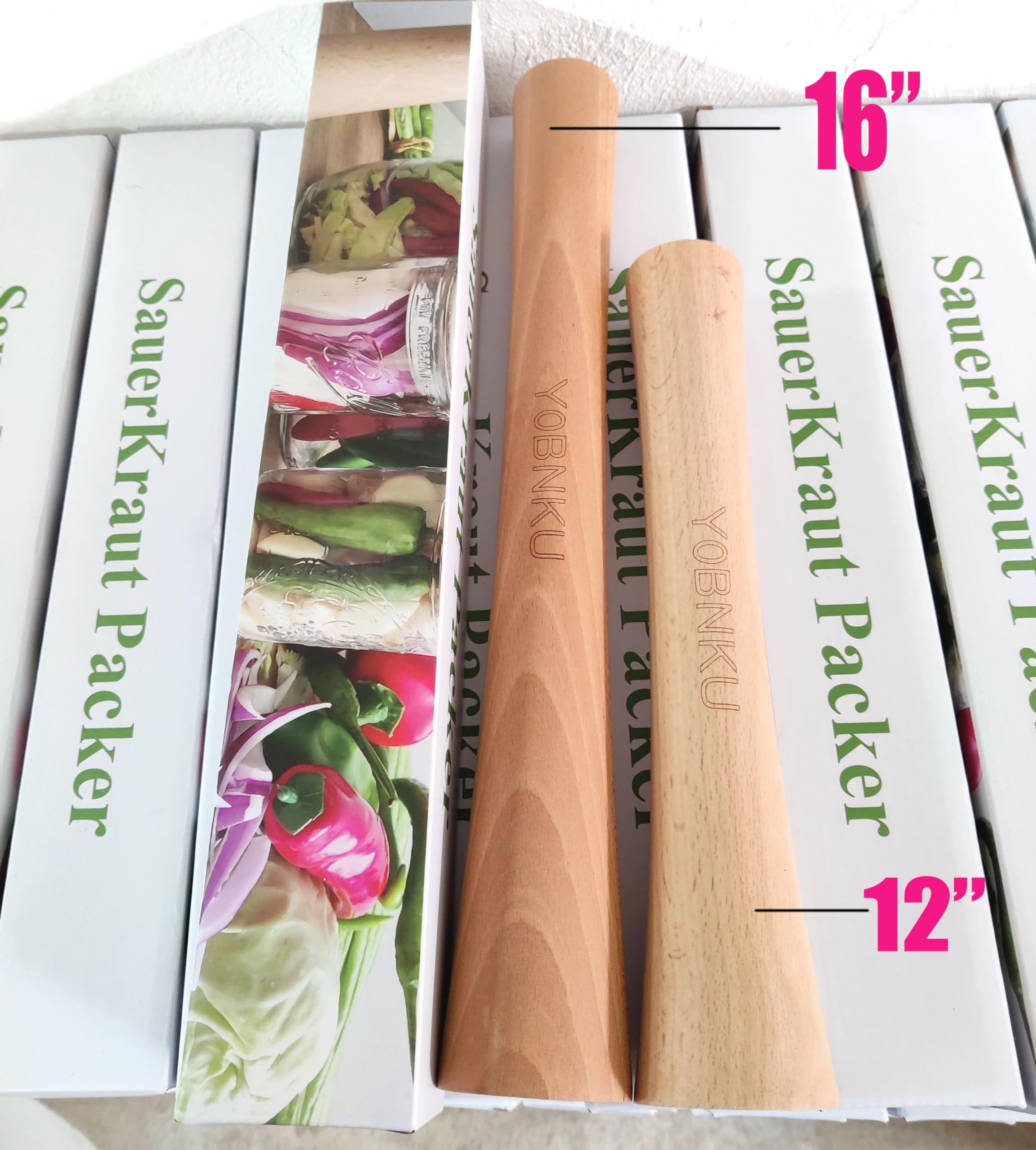 YOBNKU Sauerkraut Pounder 16'' Natural Beech Wood for Fermentation Crocks and Mason Jars - Cabbage Tamper for Packing Down Fermented Foods like Kimchi (16 in)