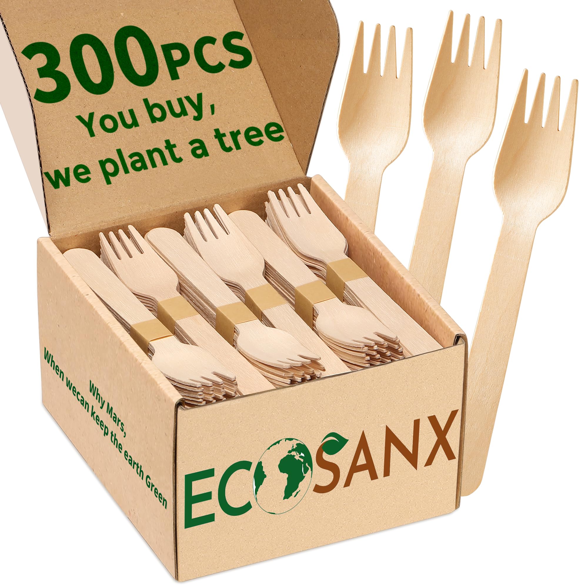 ECOSANX 300 PCs Wooden forks for eating 6.5 Splinter Free Compostable Forks, Eco-Friendly Wooden Cutlery for Party & Outdoor, Di