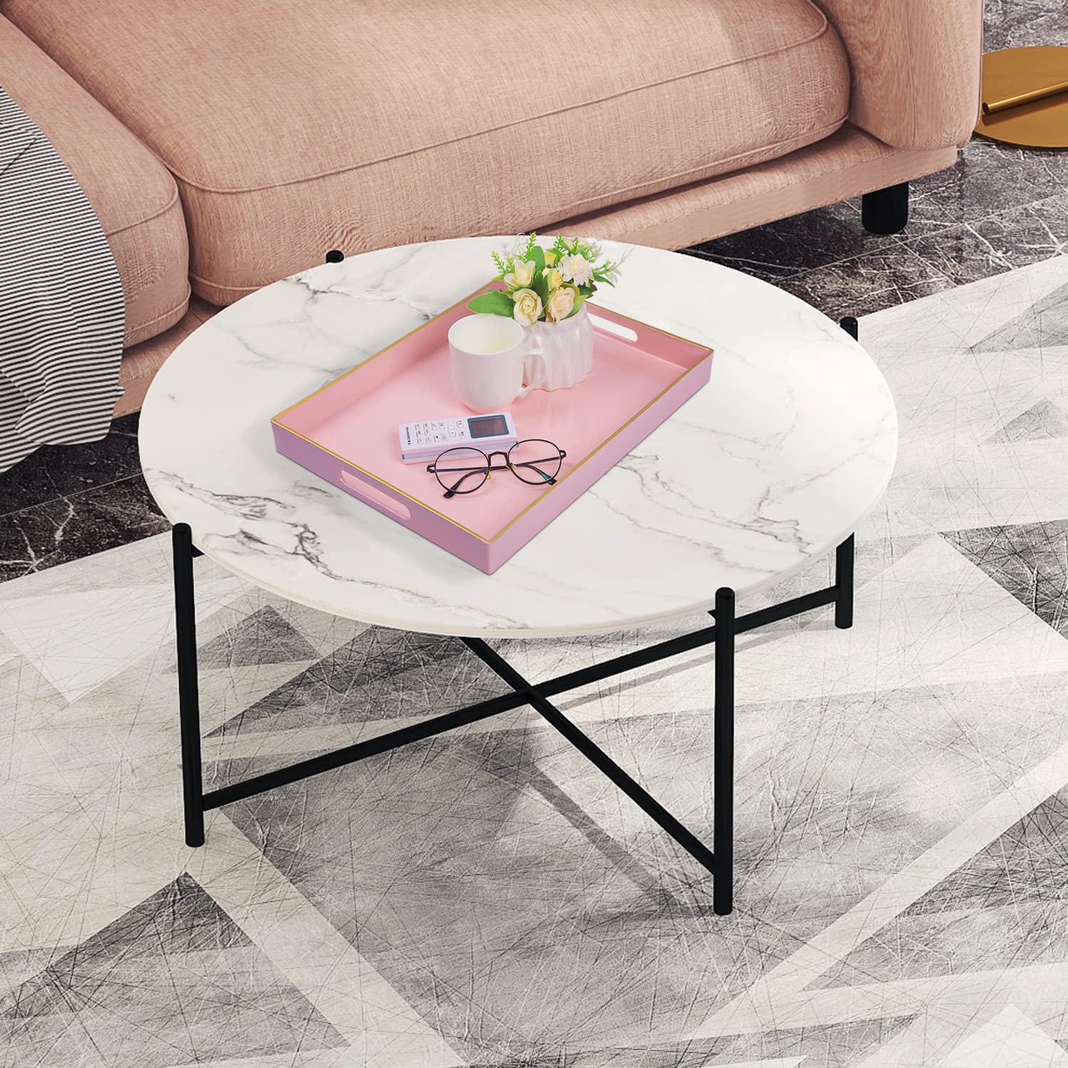 MAONAME Pink Serving Tray with Handles  Rectangular Decorative Tray  Modern Coffee Table Tray  Plastic Ottoman Tray for Bathroom  Decor  15.7