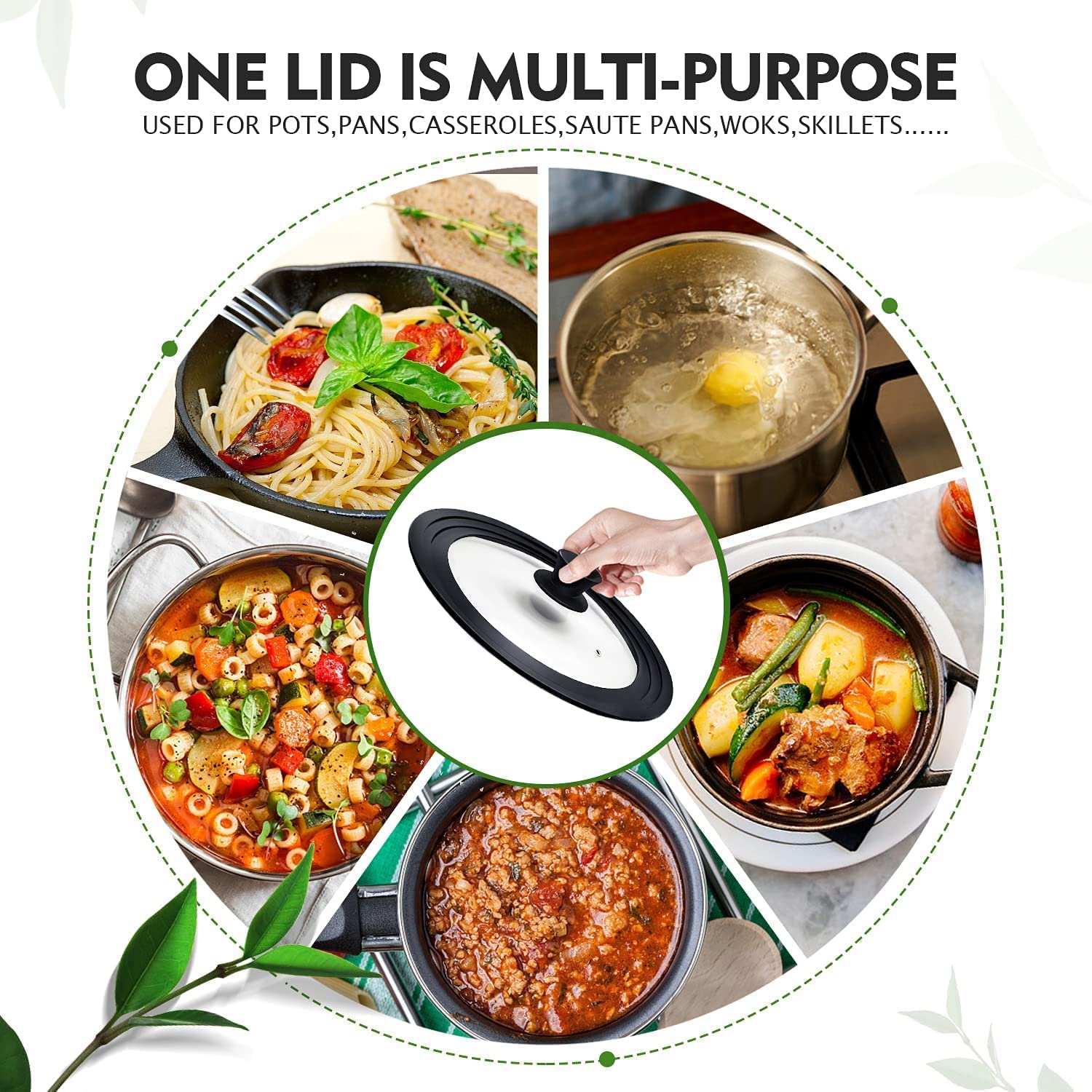 Ydeapi Universal Lids For Pots, Pans & Skillets - Fits 7'', 8'' & 9'' Diameter, 10'', 11'' & 12'' Diameter Cookware, Tempered Gl