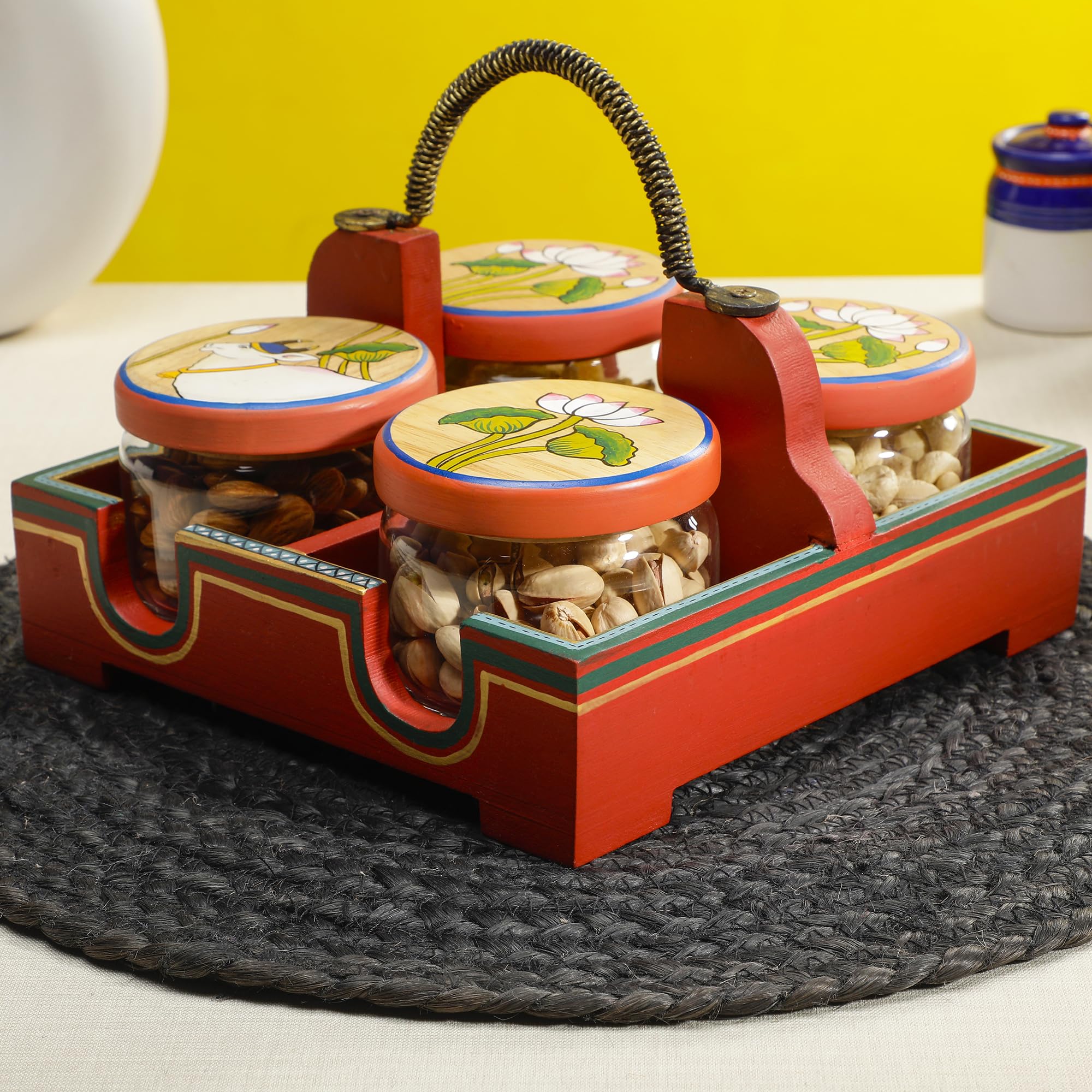 Dudki Wooden Serving Tray With 4 Glass Jaar Having Flower Design