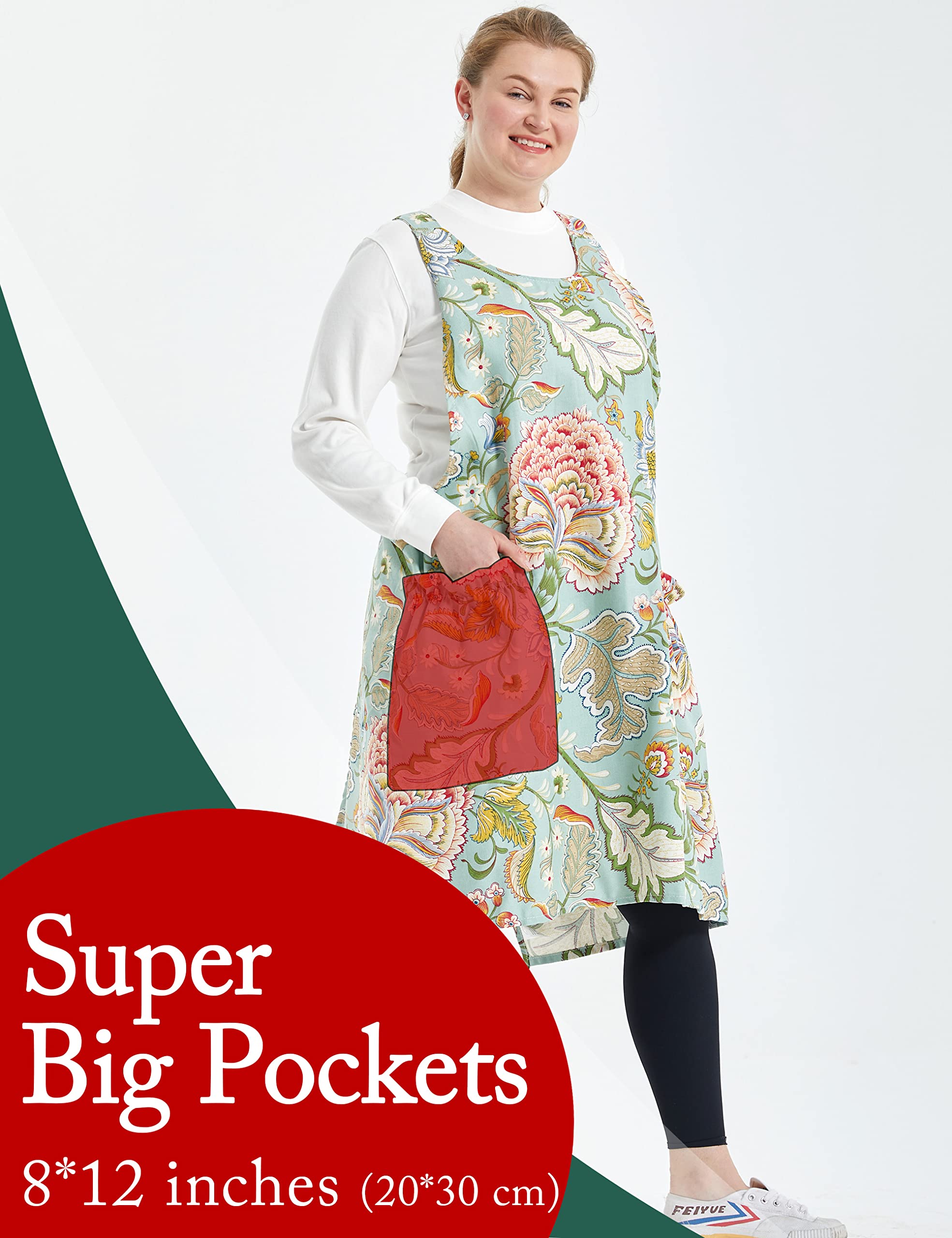 APRONNER Big Plus Size Aprons for Women with Pockets Cotton Linen Baking Kitchen Cooking Green Flower
