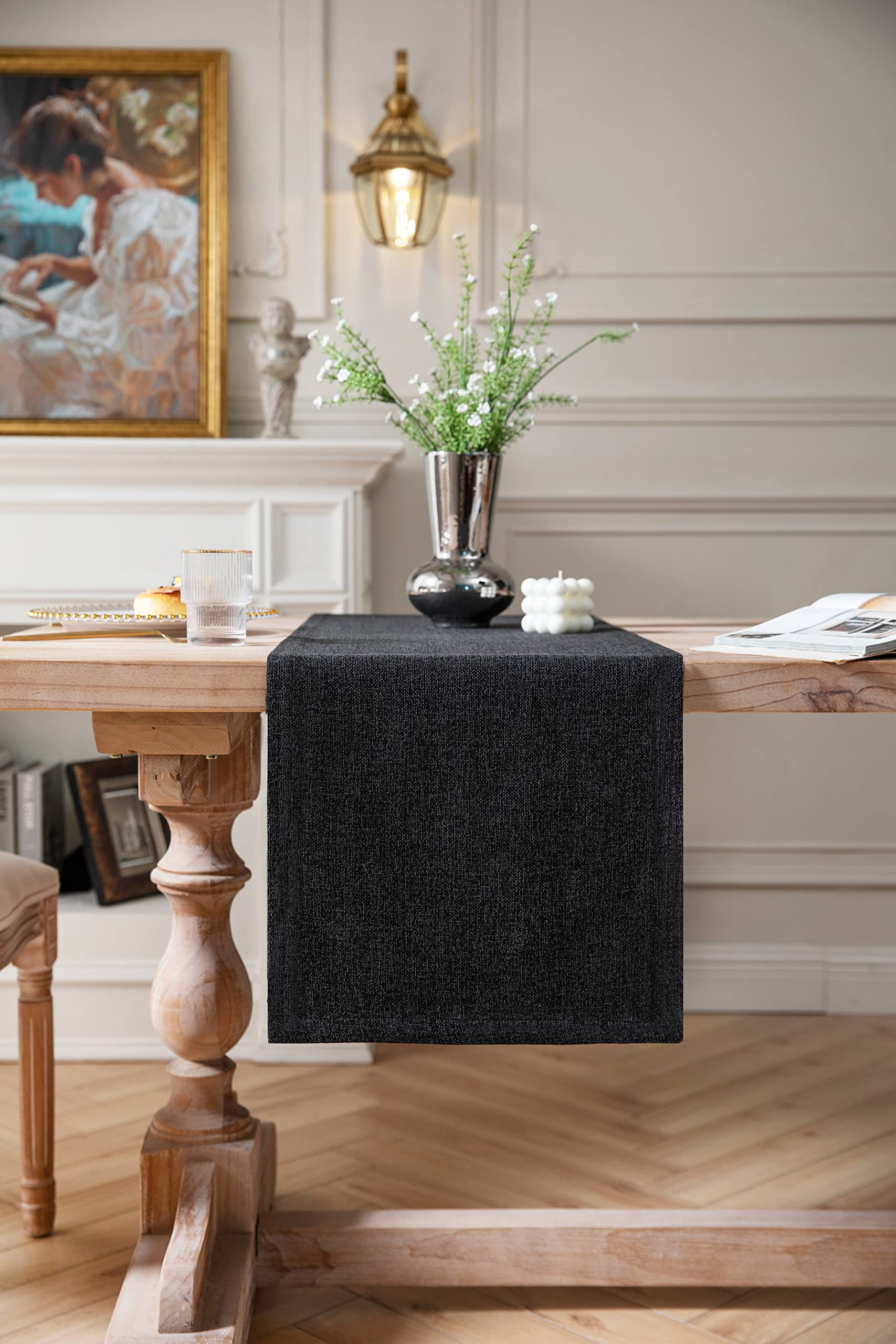 Zeemart Burlap Style Farmhouse Table Runners 36 Inches Long, Black Rustic Woven Dining Table Runner For Everyday Use, 14X36 Inch