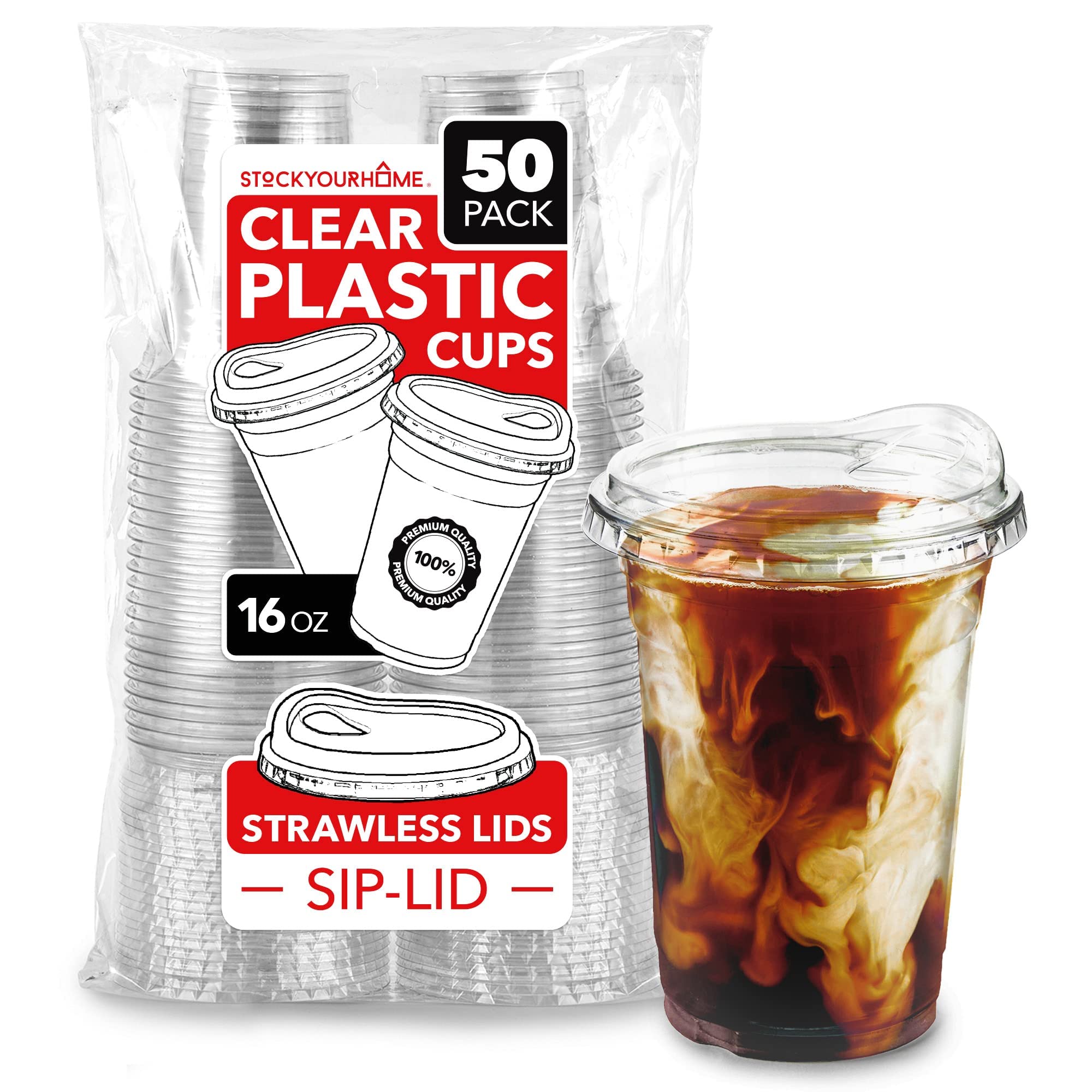 16 Oz Clear Plastic Cups With Lids Disposable, Togo Drinking Cup With Strawless Sip Lid For Smoothie, Cold Brew Iced Coffee, Lem