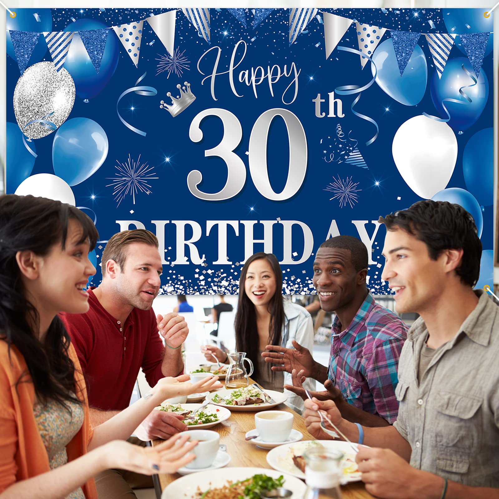 30Th Birthday Banner Backdrop,Btzo Happy 30Th Birthday Decorations,Blue Silver Fabric Photo Backdrop Background For Men And Wome