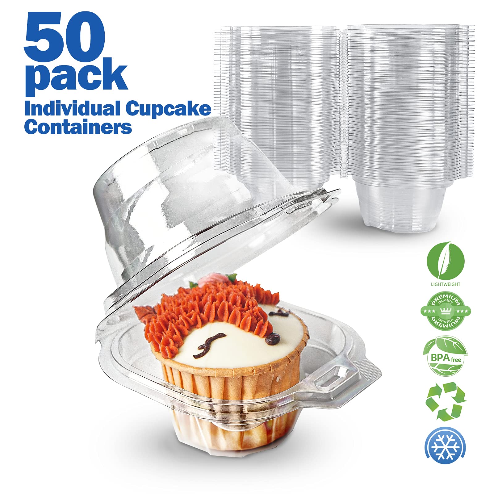 Ihongbei 50 Packs Individual Cupcake Containers Stackable Single Compartment Cupcake Disposable Carrier Holder Box Deep Dome Cle