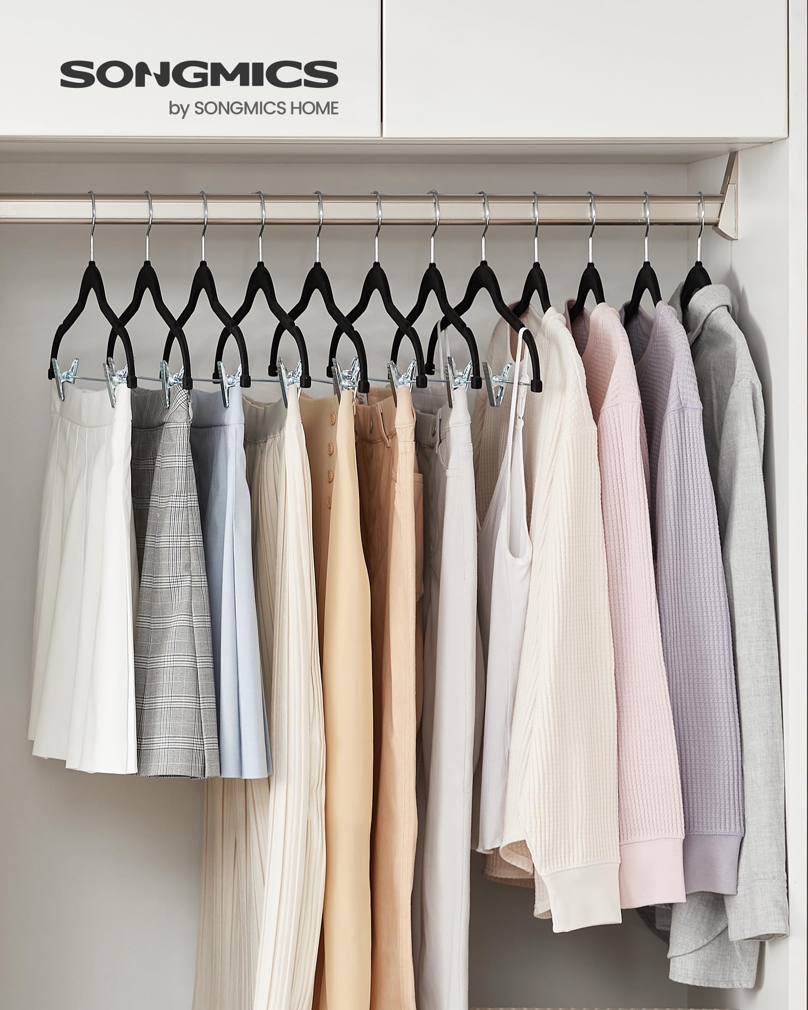 Songmics 50-Pack Pants Hangers, 16.7-Inch Long Velvet Hangers With Adjustable Clips, Heavy-Duty, Non-Slip Skirt Hangers, Space-S