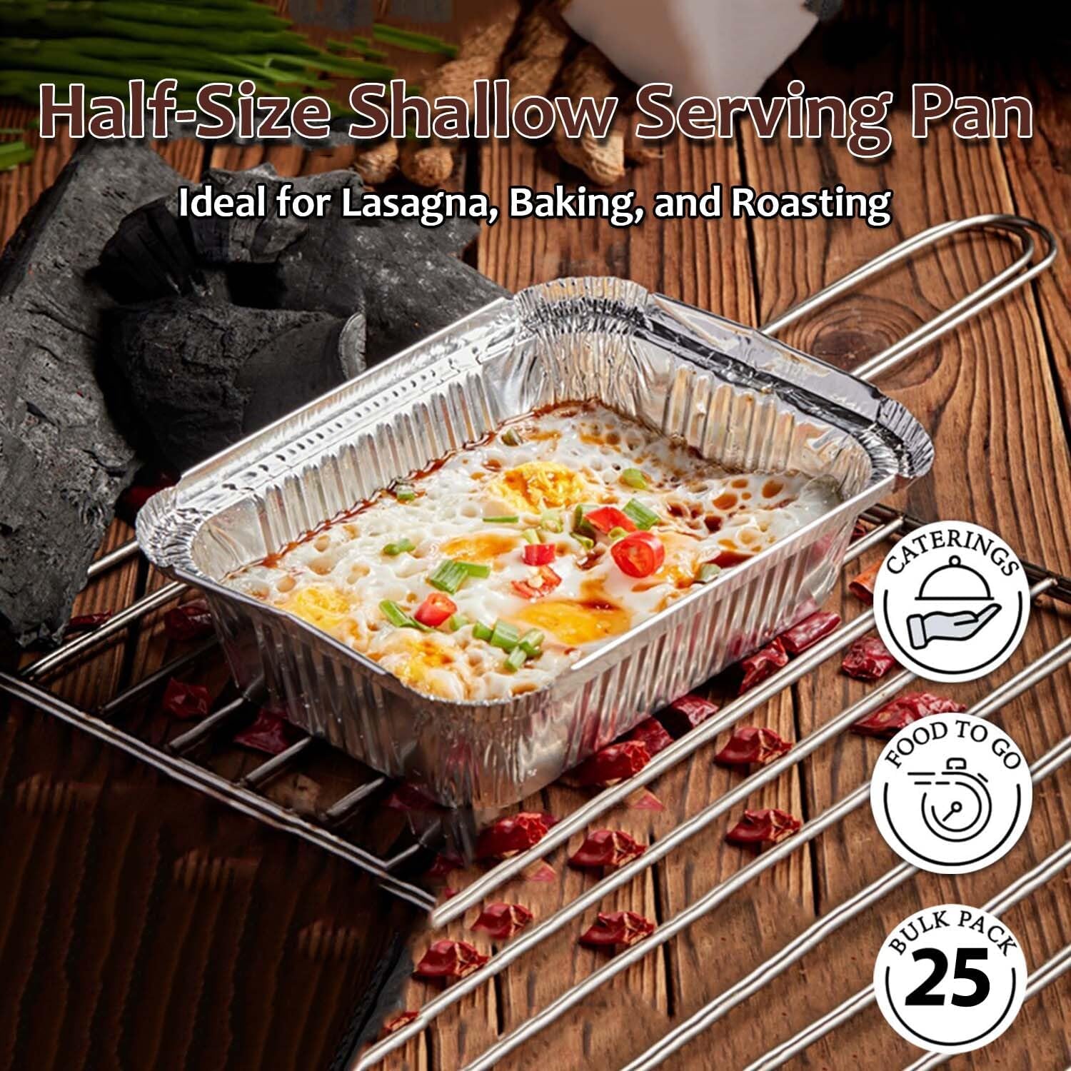 INFINITY EL Disposable Aluminum Foil Pan 25 Pack | Half Shallow 12.5 x 10 x 1.5 Deep Disposable Baking Pan | Heavy Duty Aluminum