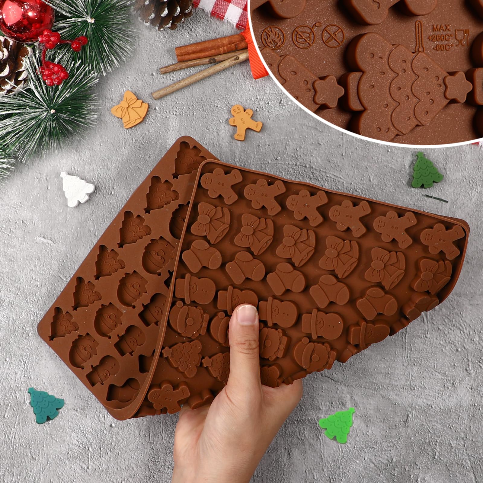 Webake Christmas Silicone Molds, 72-Cavity Mini Christmas Mold Shaped With Christmas Tree, Santa Claus, Gingerbread Man For Choc
