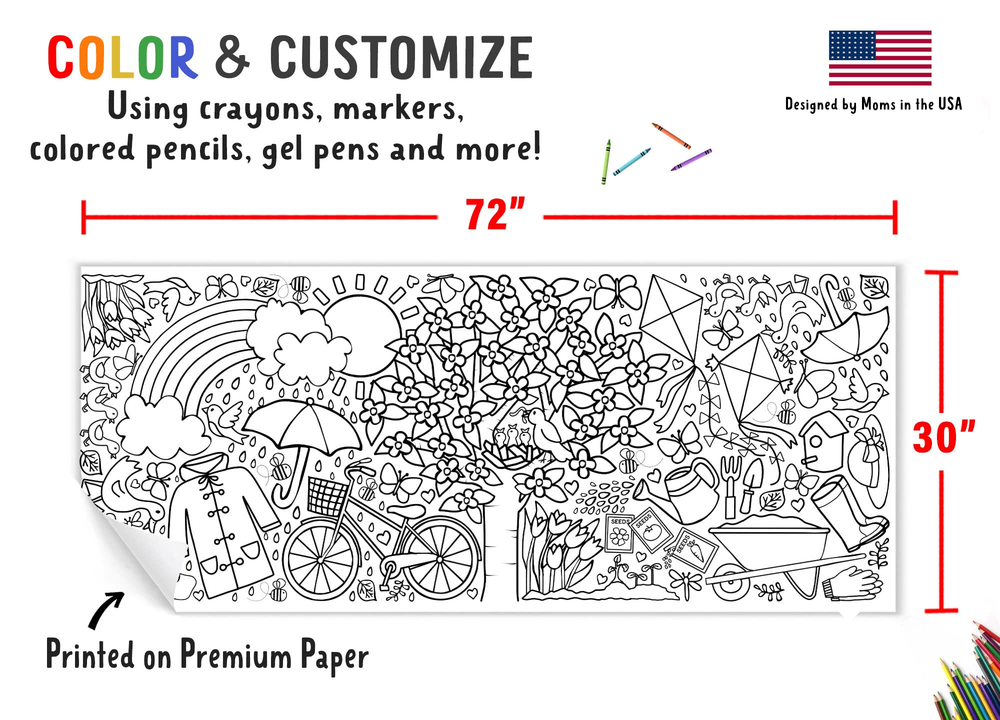 Tiny Expressions Giant Spring Themed Activity Poster For Families - 30 X 72 Inches Jumbo Paper Coloring Banner Or Table Cover Fo