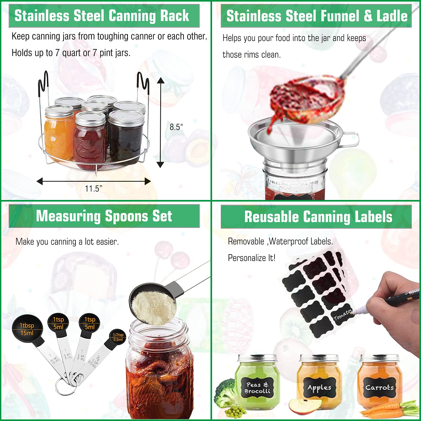 Canning Supplies Starter Kit  Stainless Steel Canning Set Tools: Rack  Ladle  Measuring Spoons  Funnel  Tongs  Jar Lifter  Lid Lifter & Accessories for Canner/Pot  Beginner  Home Canning Kit - Black