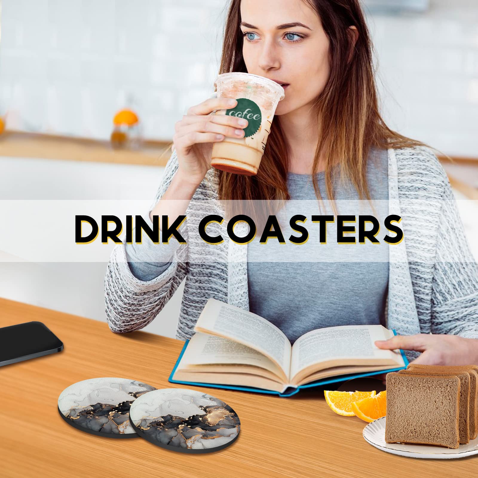 Swooflia Coasters for Drinks Coffee Table  Marble Grey Black Aesthetic Silicone Absorbent Cup Coaster Set Housewarming Gift Kitchen Home Wooden Desk Office Bar Tabletop Decor 6 Pack