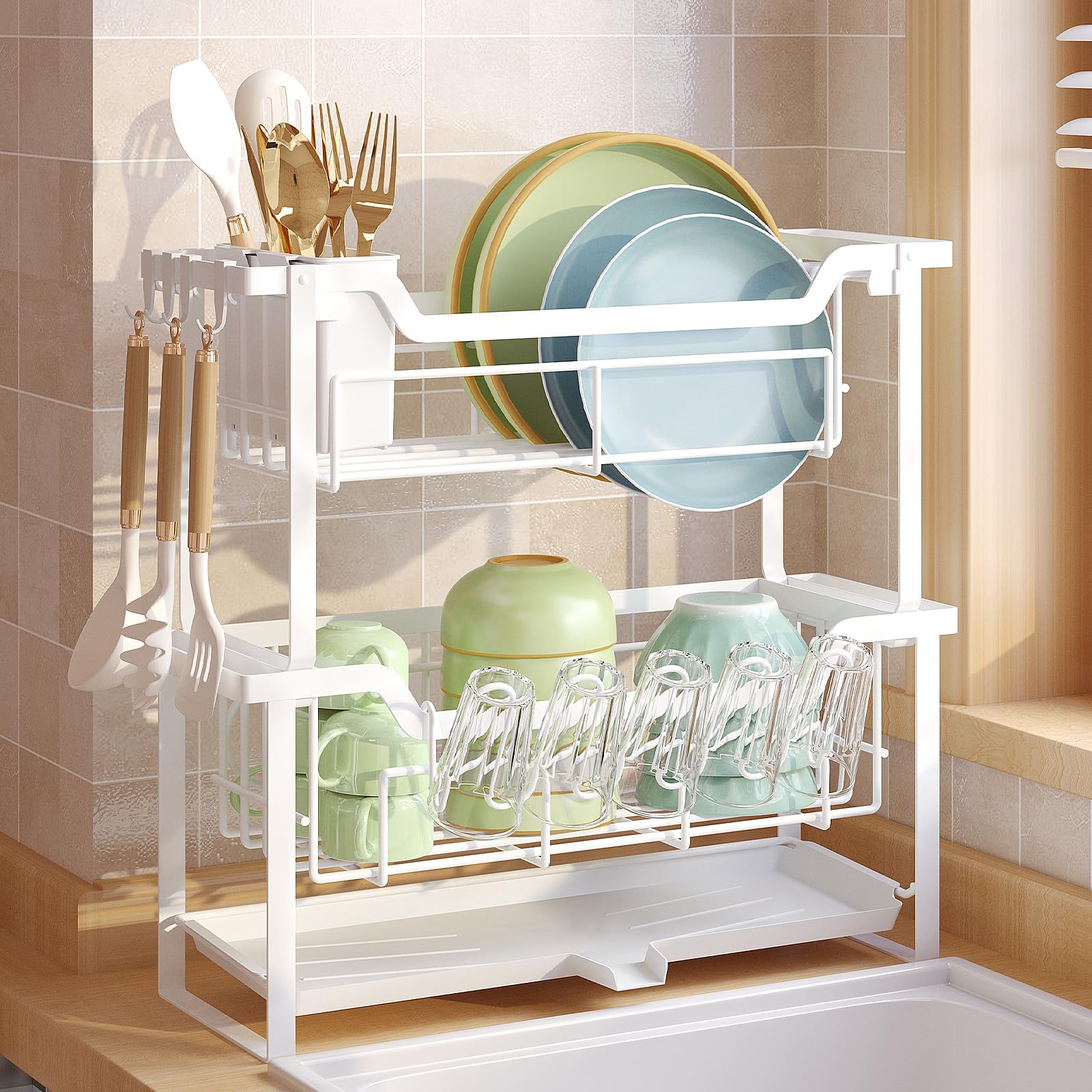 Kosiwu Dish Rack With Drainboard, Organizes Dishes And Bathroom Items For Narrow Spaces, Stainless Steel Rack Fits 12 Plates 12 