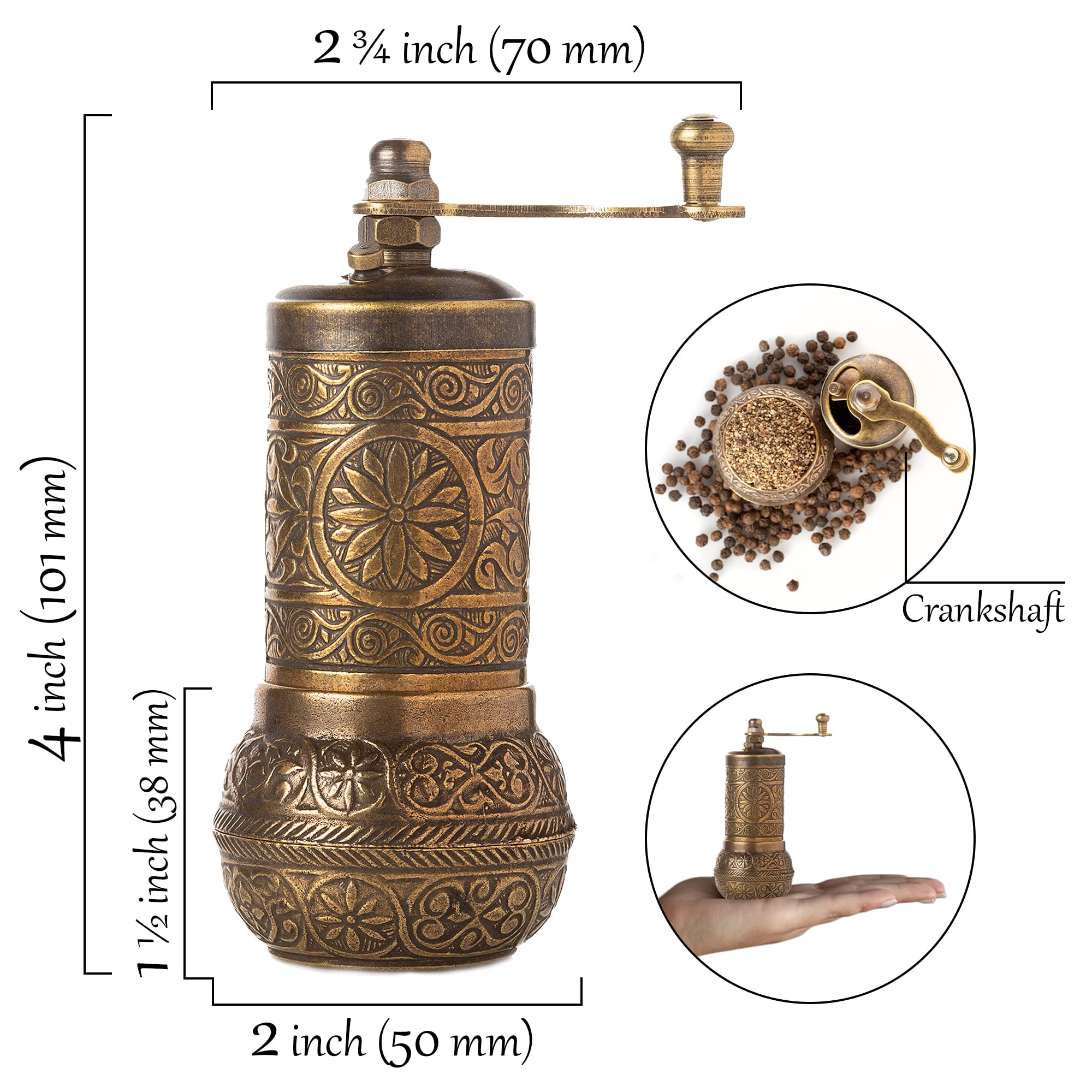 Decorative Black Pepper Grinder, Refillable Turkish Spice Mill With Adjustable Coarseness, Manual Pepper Mill With Handle, Spice
