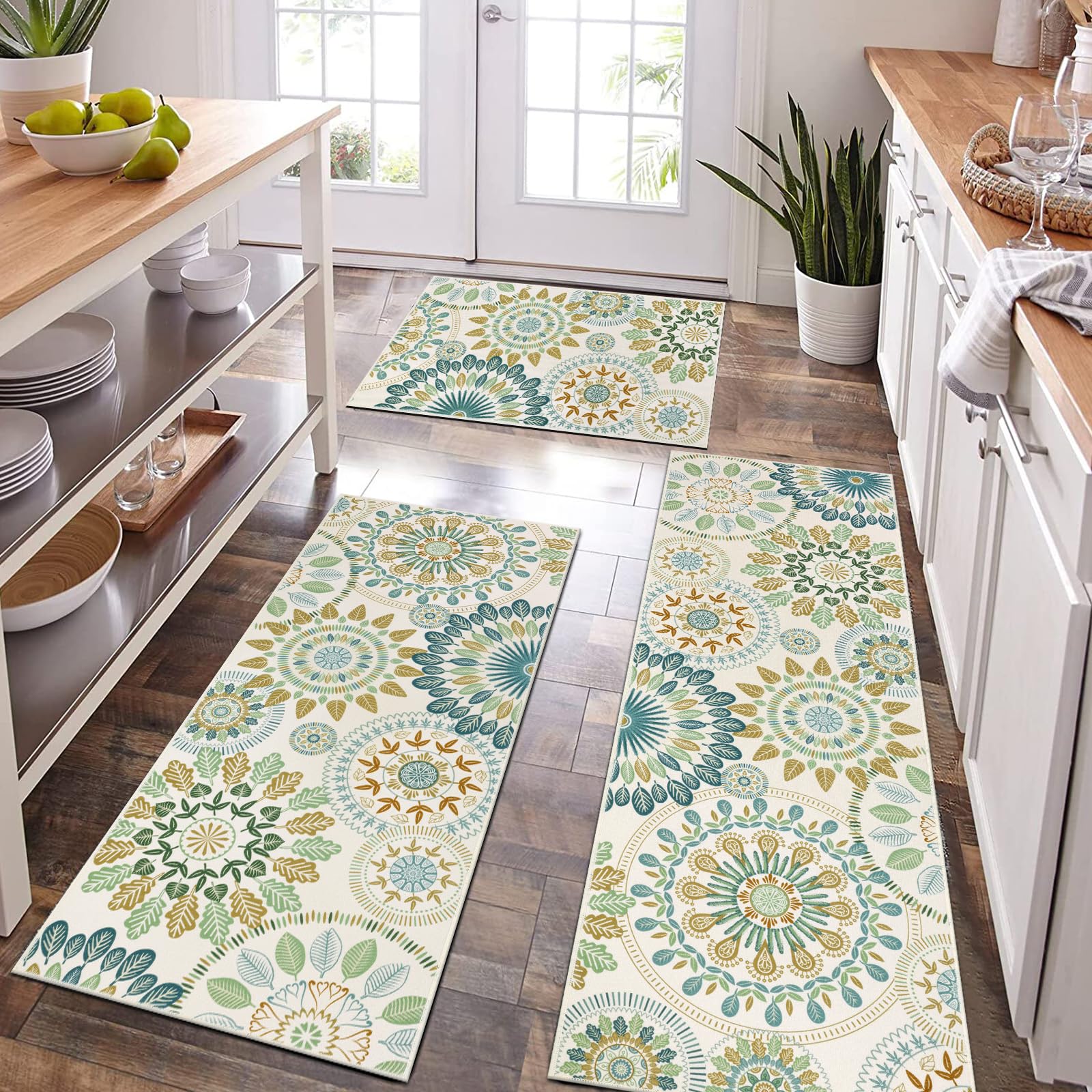 Bsmathom Farmhouse Kitchen Rugs Sets of 3, Boho Non-Slip Kitchen Mats for Floor, Kitchen Runner Rugs Non Skid Washable for Kitch