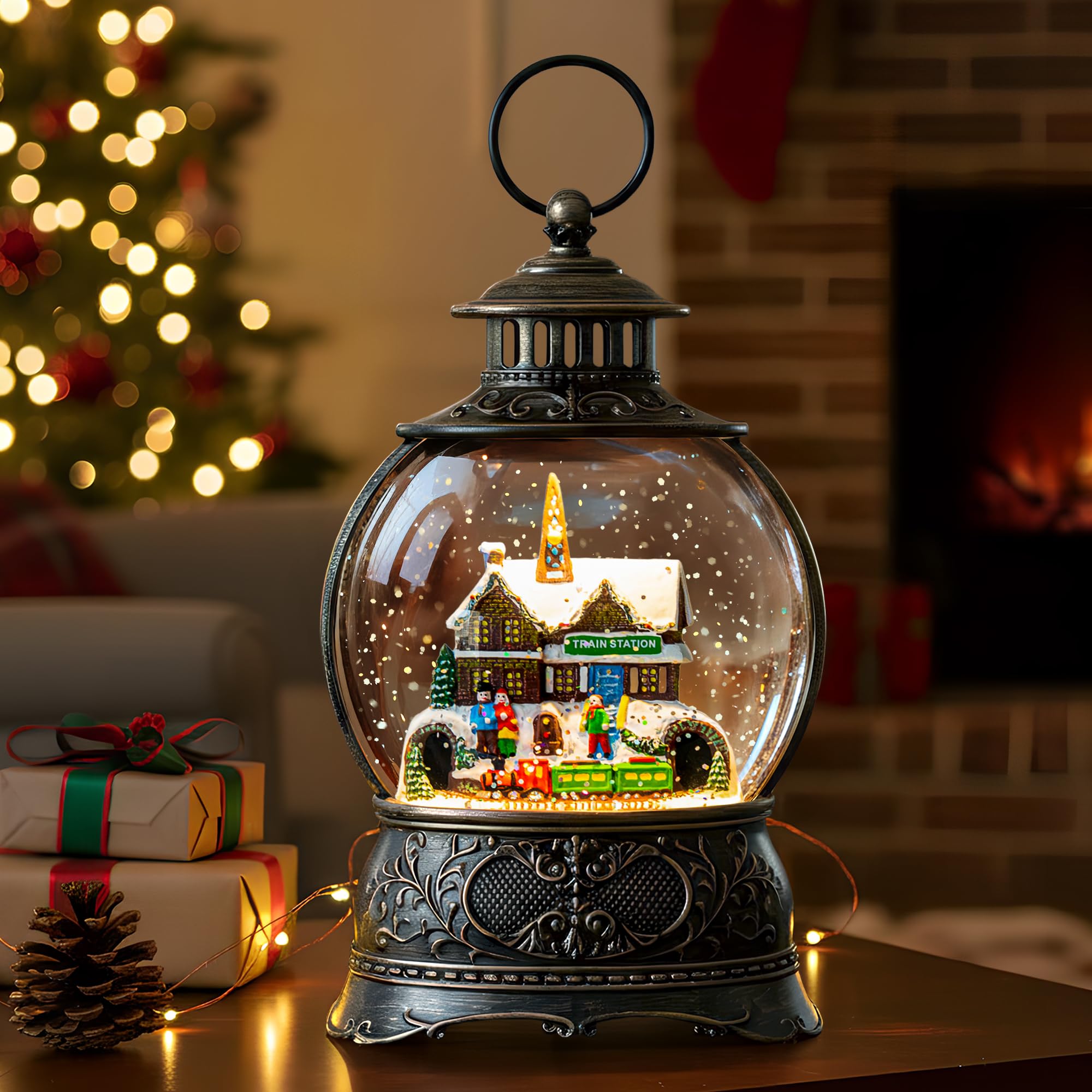 Christmas Village Snow Globe Water Lantern with Train Station Scene Battery Operated or USB Powered Musical Lighted Holiday Deco