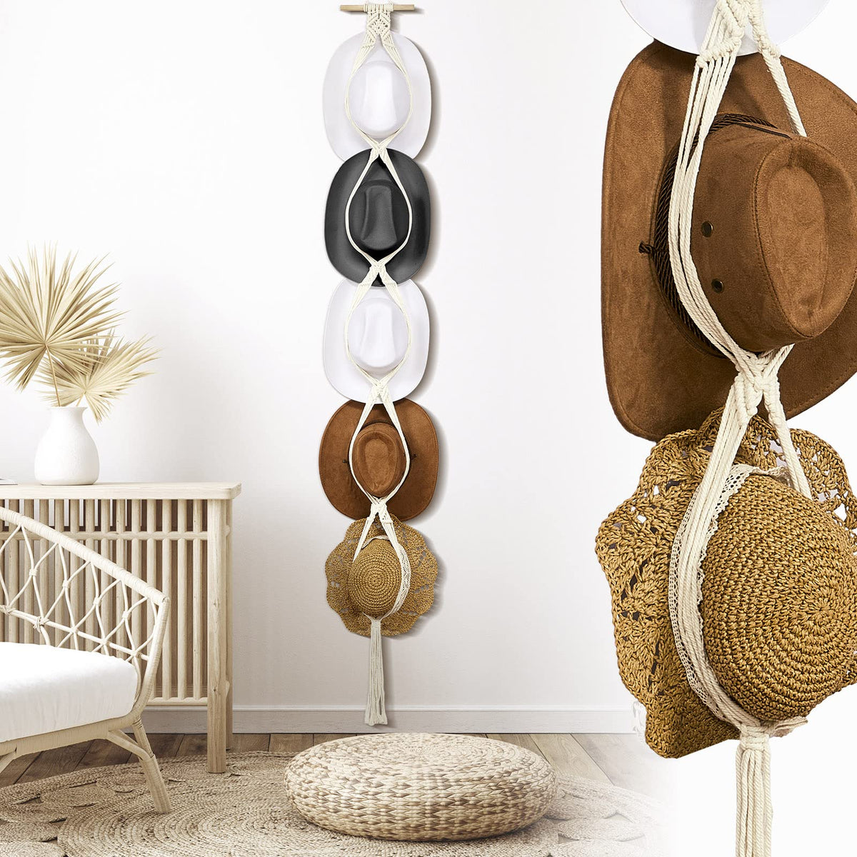 Yulejo Macrame Hat Hangers Boho Hat Rack Cowboy Hat Hanger Back Of Door Hat Organizer (White,Five Hats Style)