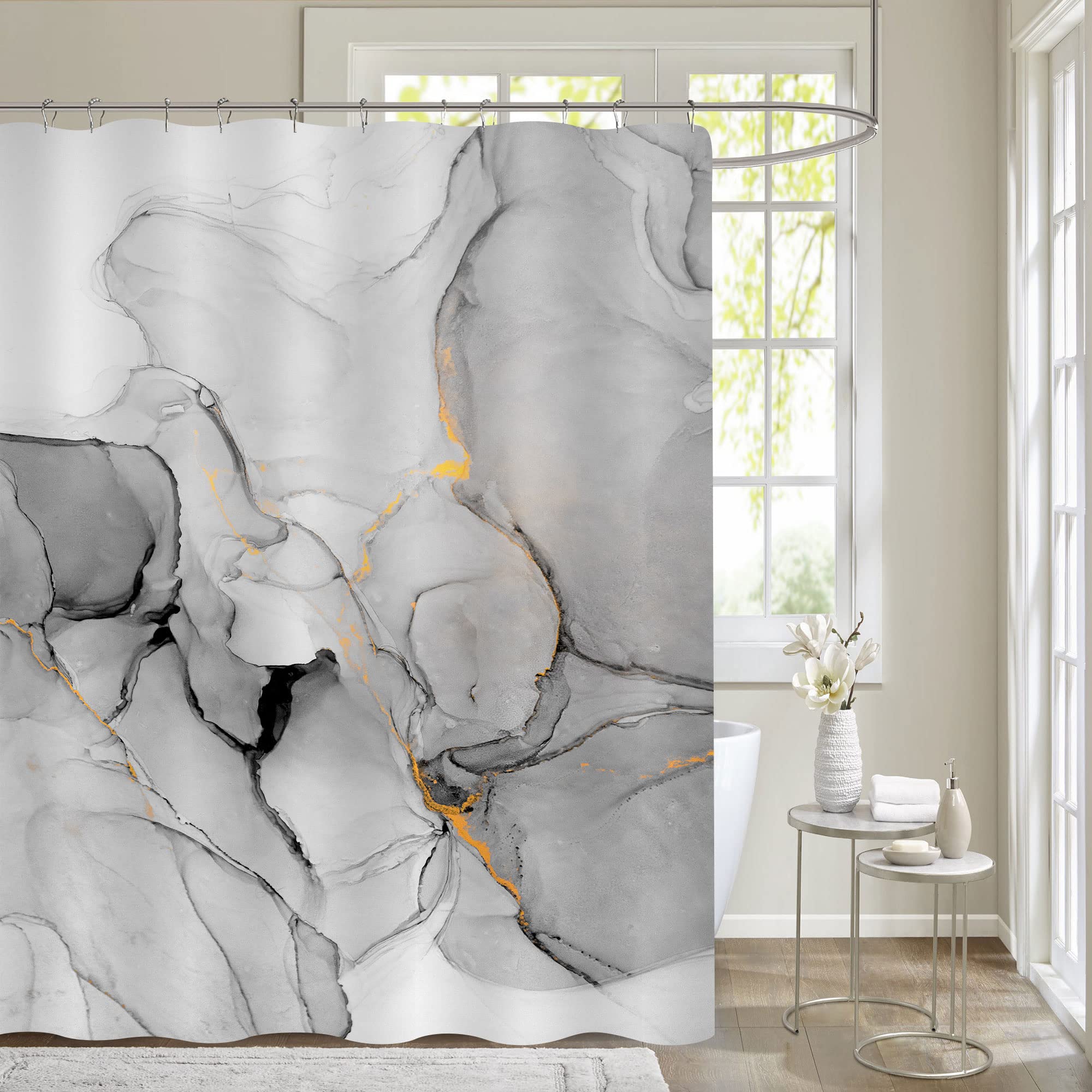 Gibelle Extra Long Shower Curtain 72 X 84, Tall Abstract Grey Marble Shower Curtain, Modern Ink Art Waterproof Fabric Shower Cur