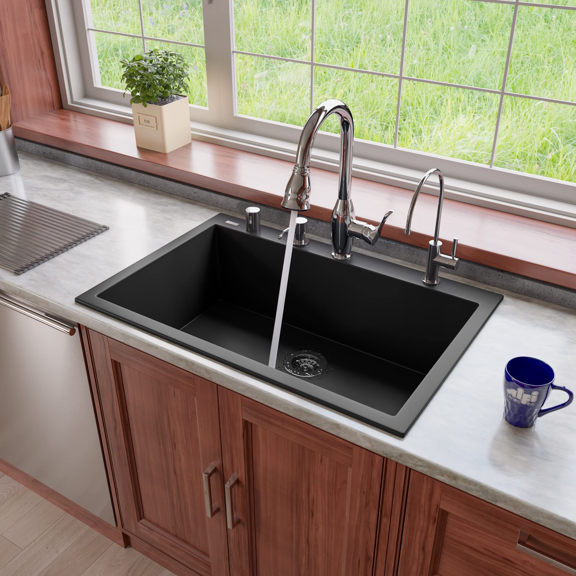 Alfi Brand Ab3322Di-Bla Black 33 Single Bowl Drop In Granite Composite Kitchen Sink
