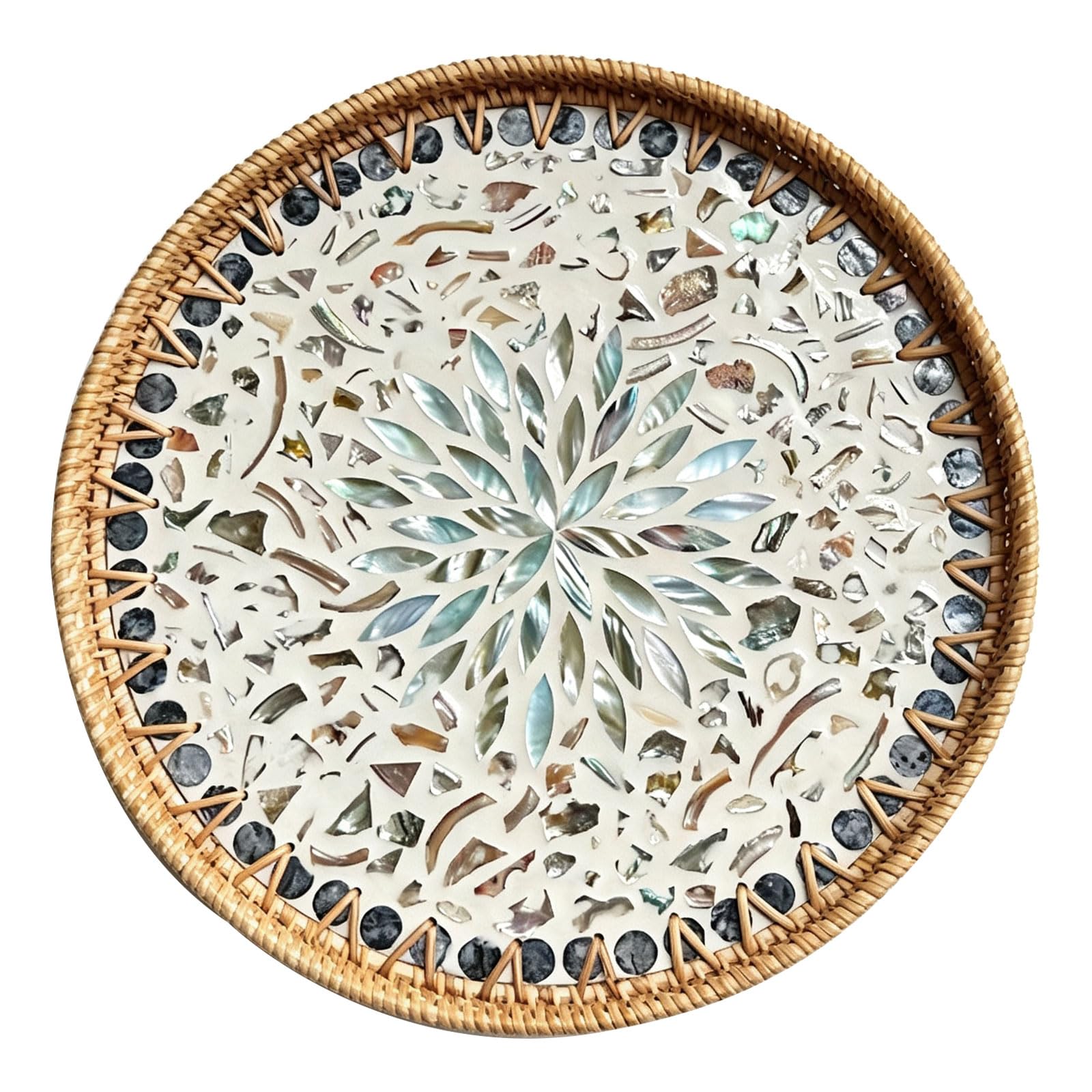 Natural Look Decor Tray, Round Woven Serving Piece with Rattan Border for Coffee Table Kitchen Counter Display Woven Platter Rou