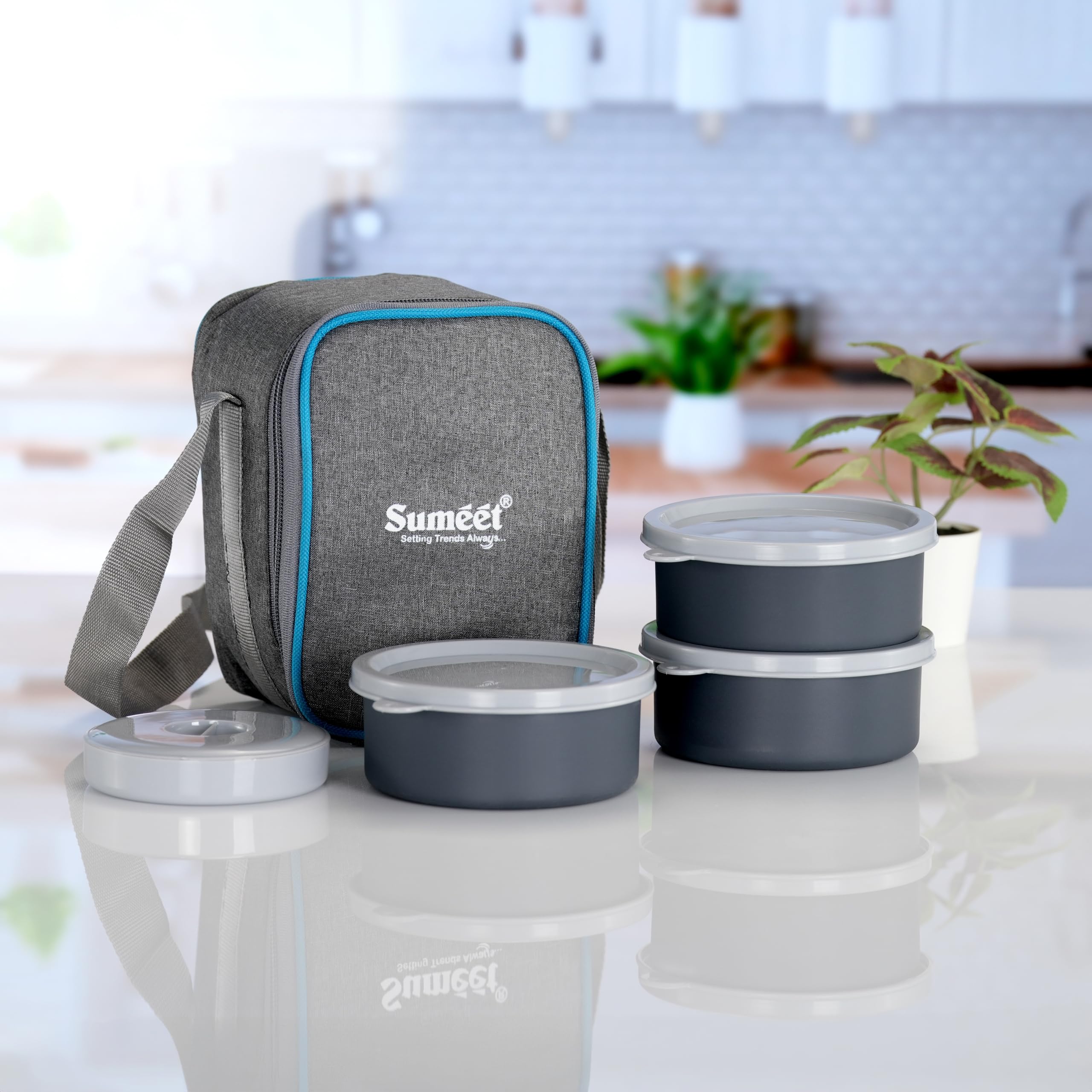Sumeet Epulo Lunch Box Tiffin With Microwave Safe And Leak Proof 3 Inner Steel Containers + 1 Plastic Chutney Pickel Container With Bpa Free Air Tight Lids - 420Ml & Insulated Fabric Bag  Grey