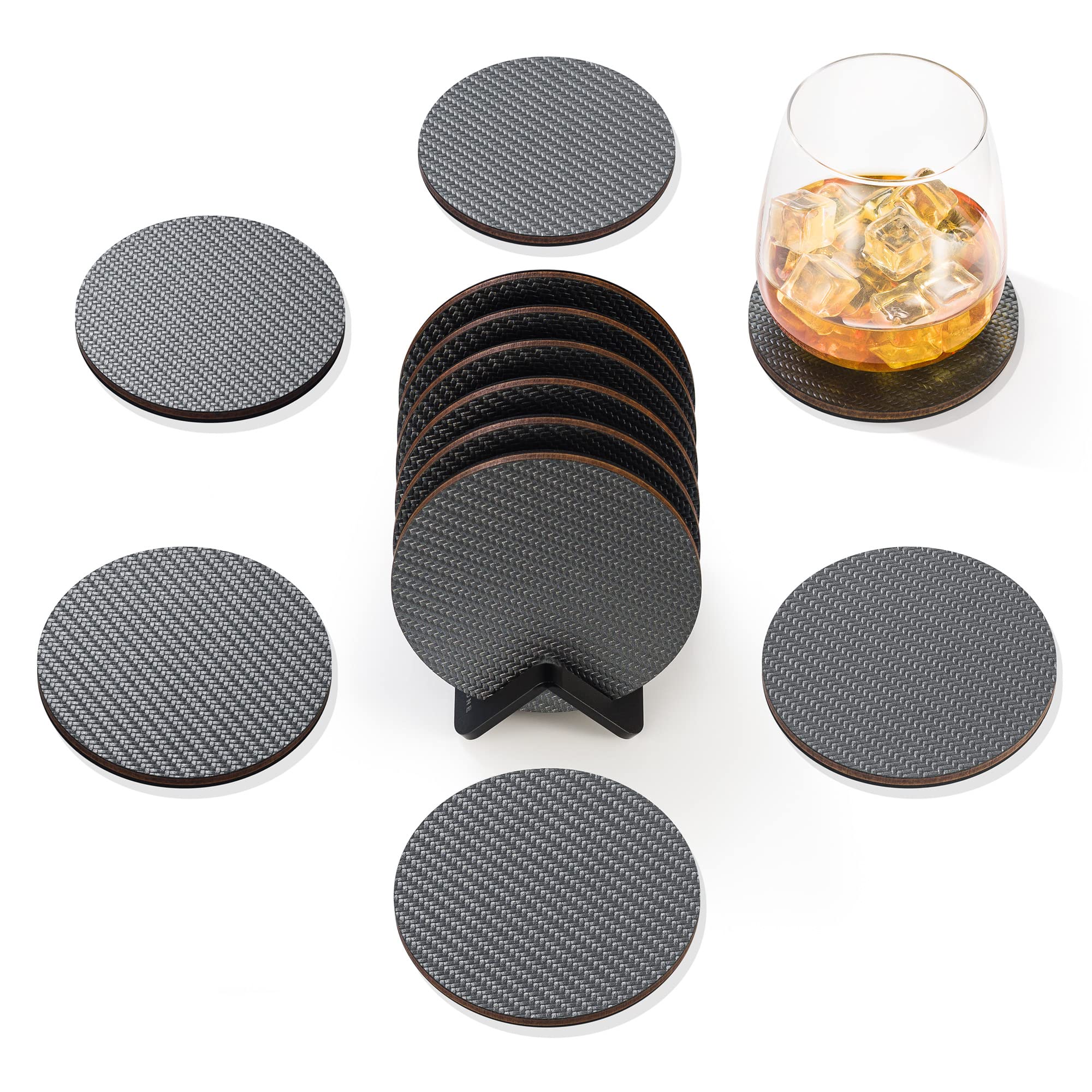 Modern Coasters For Drinks With Holder | 6 Premium Carbon Coasters In Classy Geometric Design | Protect Furniture | Unique Gift