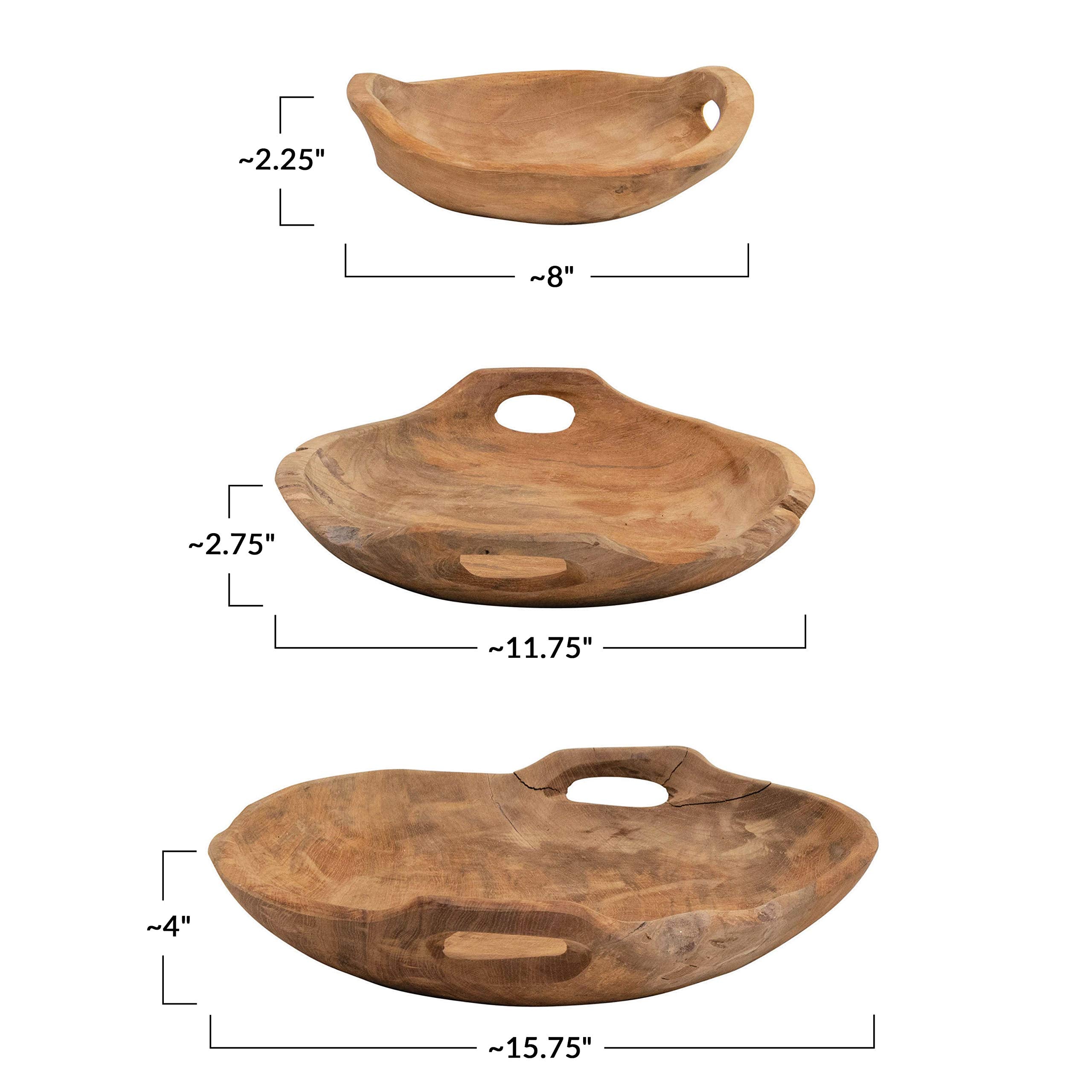 Creative Co-Op Teak Wood Handles, Set Of 3 (Each One Will Vary) Bowl, Natural, 3