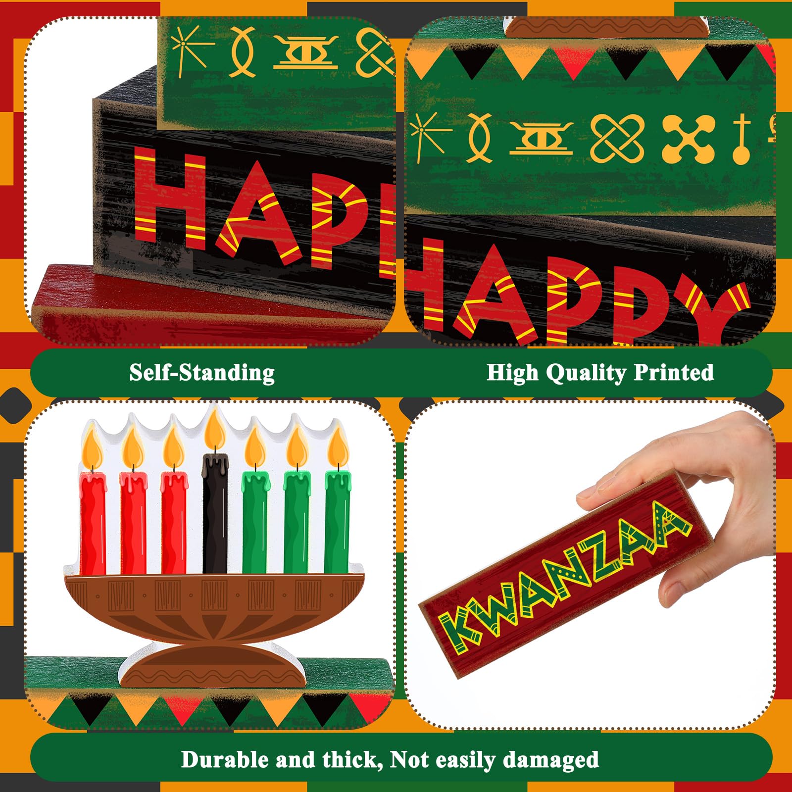 Yuntau 4 Pcs Happy Kwanzaa Table Decorations Kwanzaa Tiered Tray Decor Rustic African Candlestick Wood Block Tabletop Sign Gift