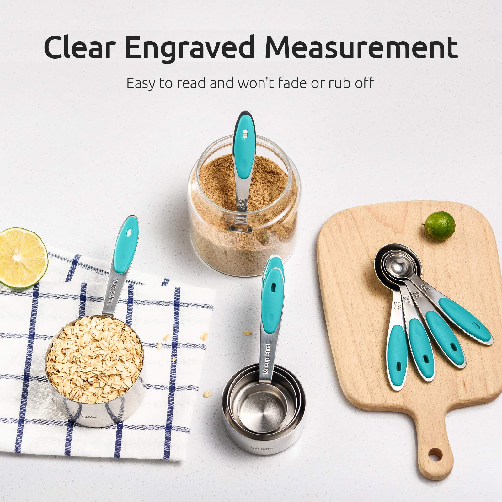 Measuring Cups : U-Taste 18/8 Stainless Steel Measuring Cups and Spoons Set of 10 Piece, Upgraded Thickness Handle (Teal)