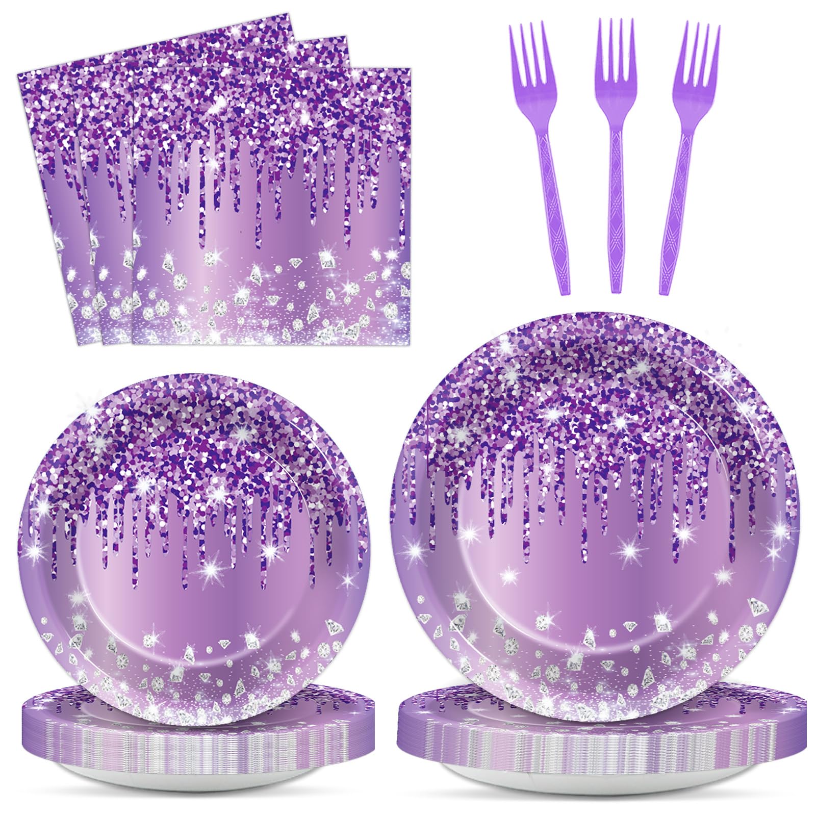 200Pcs Purple Birthday Party Plates And Napkins Purple And Silver Birthday Party Decorations Purple Silver Party Tableware Set S