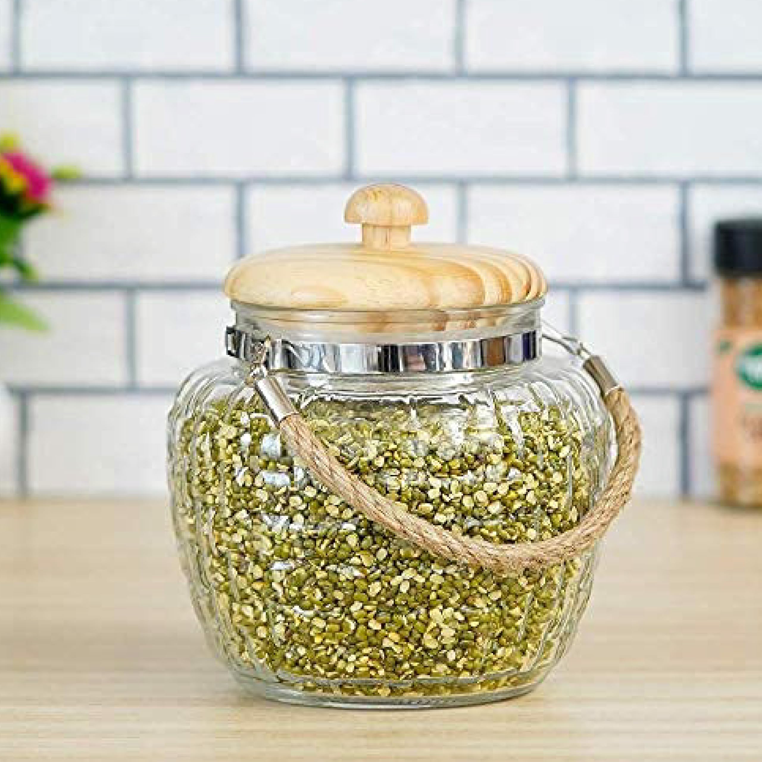 Femora Embossed Glass Jars For Kitchen| Kitchen Storage Jars| Wooden Lid & Jute Chain Glass Jars| 1 Year Warranty| Airtight| Jar