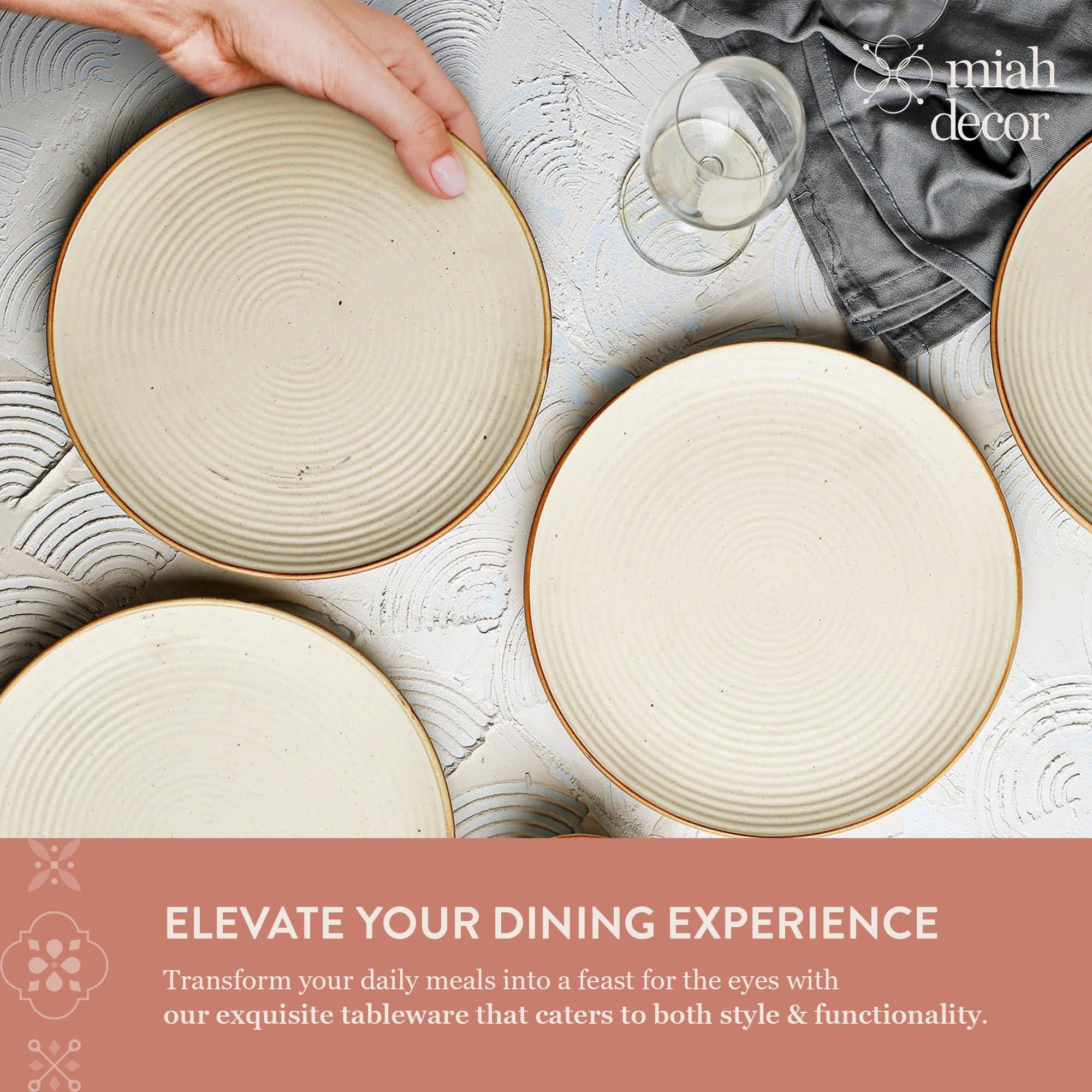 Miah Decor Ceramic Quarter Plates Snack Plates Set Of 4 Handcrafted Stoneware Off-White With Brown Rim & Grains Serving Platter