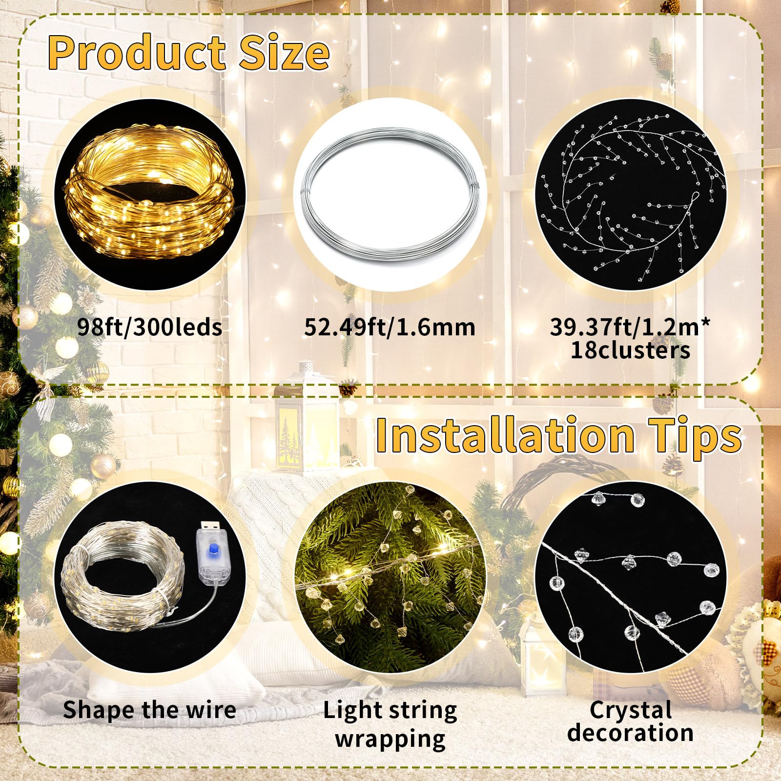 Glooglitter 40ft Christmas Tree Crystal Garland Decorations, 98ft 300 LED Fairy Lights with Crystal Drop Ornaments & Iron Wire,