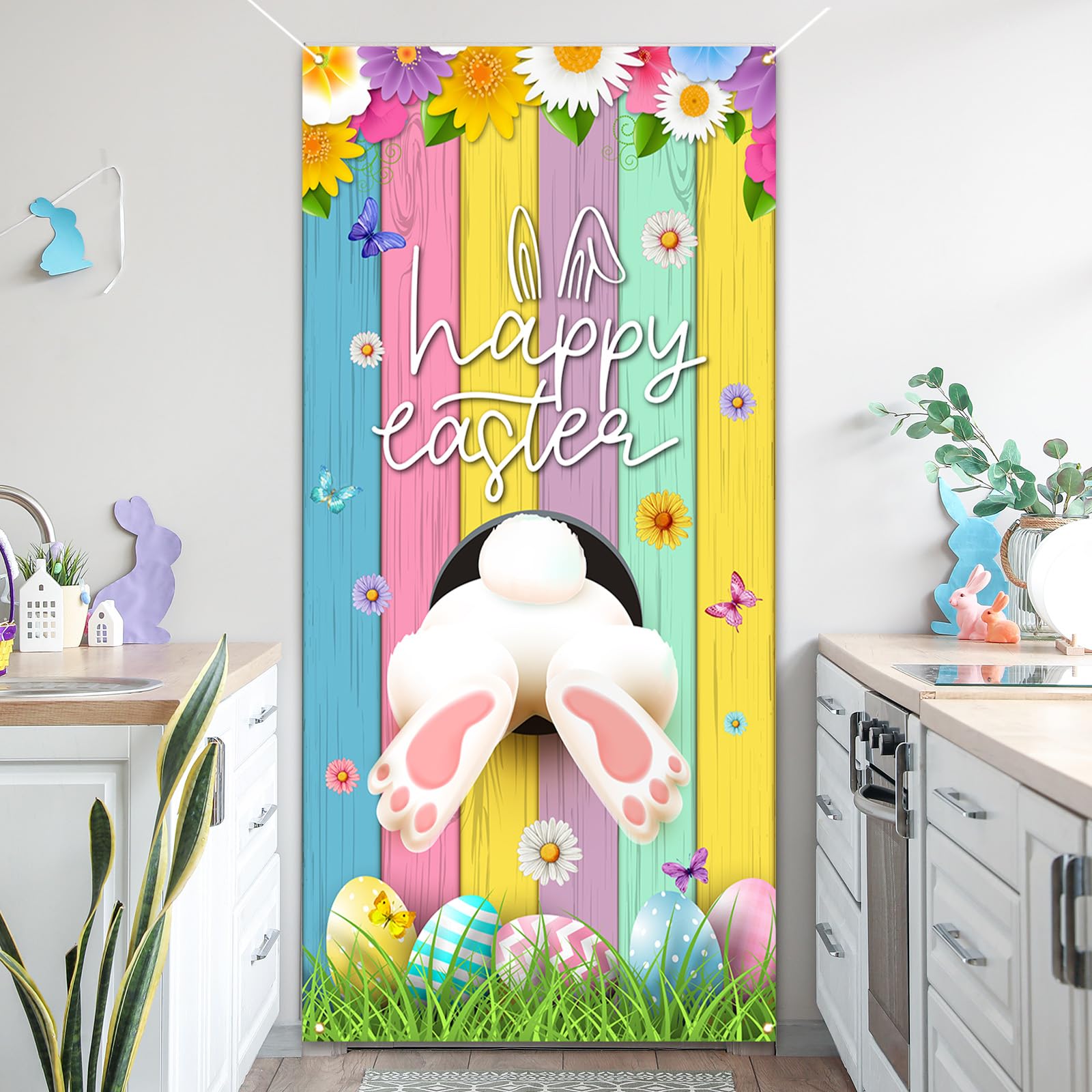 Easter Door Cover Bunny Egg Rabbit Decor Daisy Decorations Door Banner Farmhouse Holiday Decor Pattern Easter Season Supplies Fo